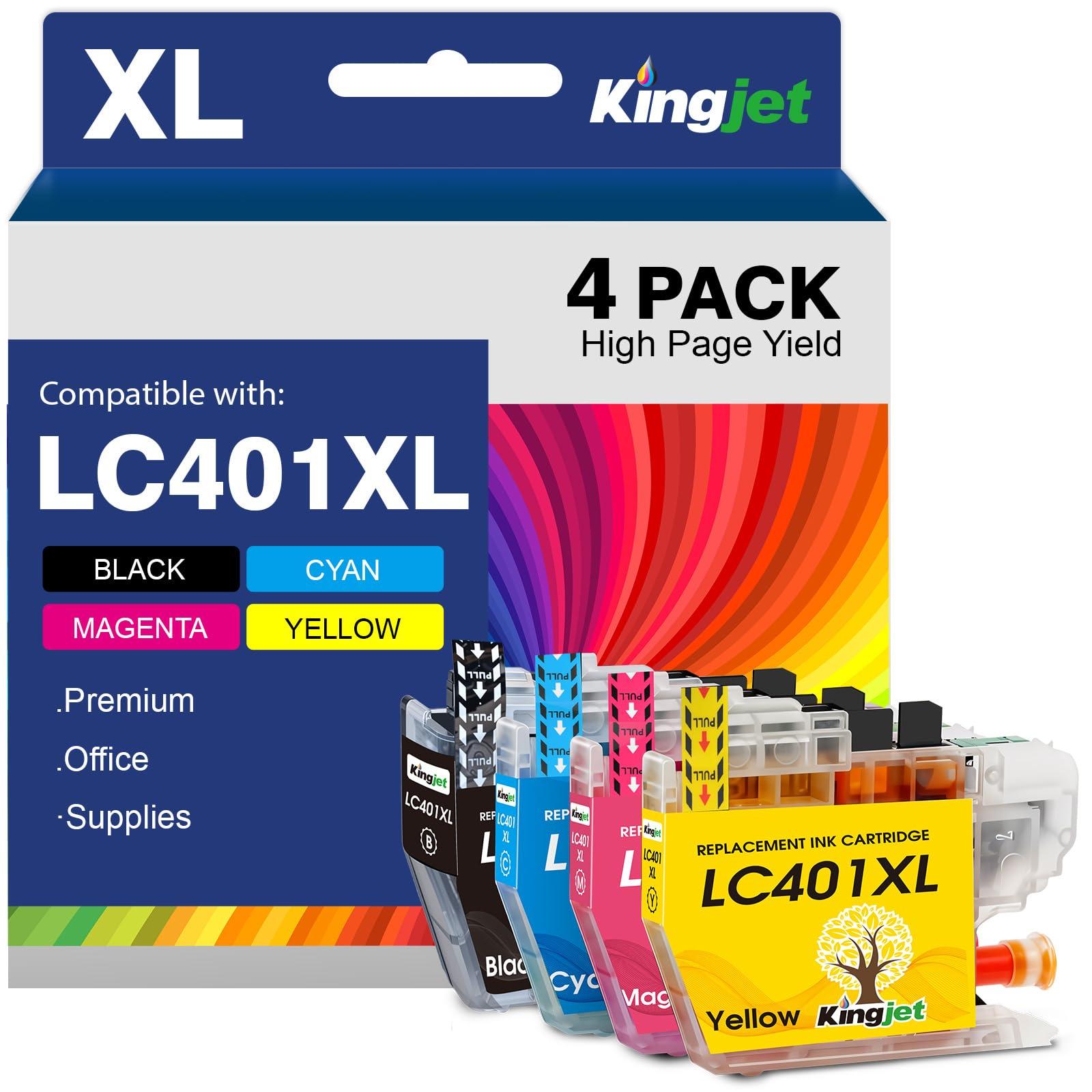 Kingjet Compatible LC401XL Ink Cartridges Replacement for Brother Printer Ink Cartridges LC401XL Work with Brother MFC-J1010DW MFC-J1170DW MFC-J1012DW MFC-J1800DW Printer, 4 Pack(BK/C/M/Y)