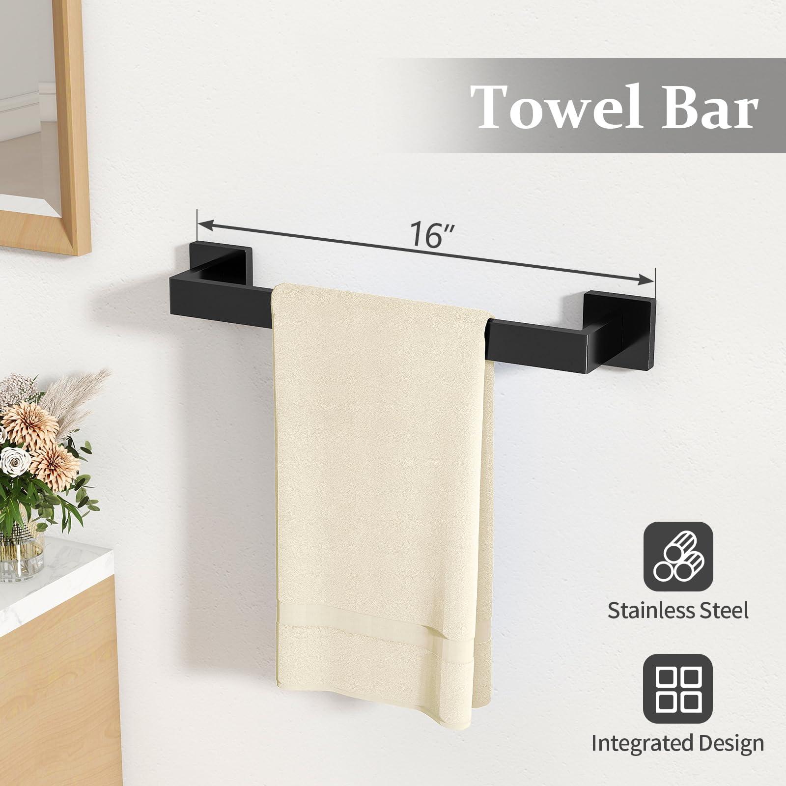 STWWO Matte Black Bathroom Accessories Hardware Set 5-Piece, Stainless Steel Towel Racks for Bathroom, 16 Inch Bath Towel Bar Set Wall Mounted - Image 3