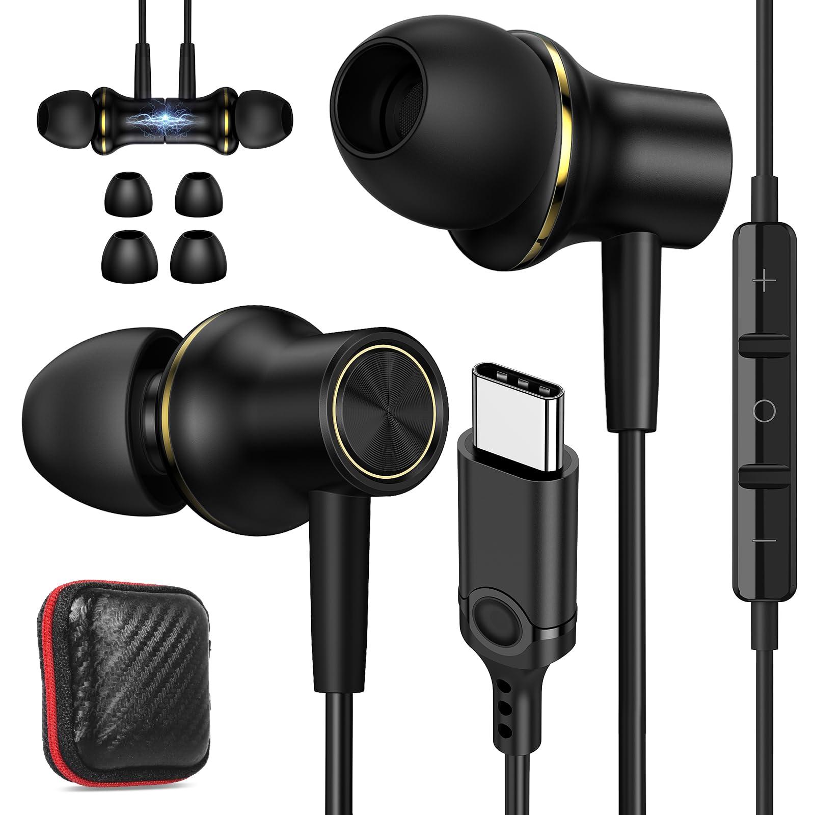 USB C Headphones for iPhone 16 15 Pro Max Plus iPad, Type C Earphones Noise Isolating with Mic Stereo Magnetic Cord Wired Earbud for Samsung S25 Ultra S24+ S23 Fe A35 Flip 6 Pixel 9 8 7, Black Gold