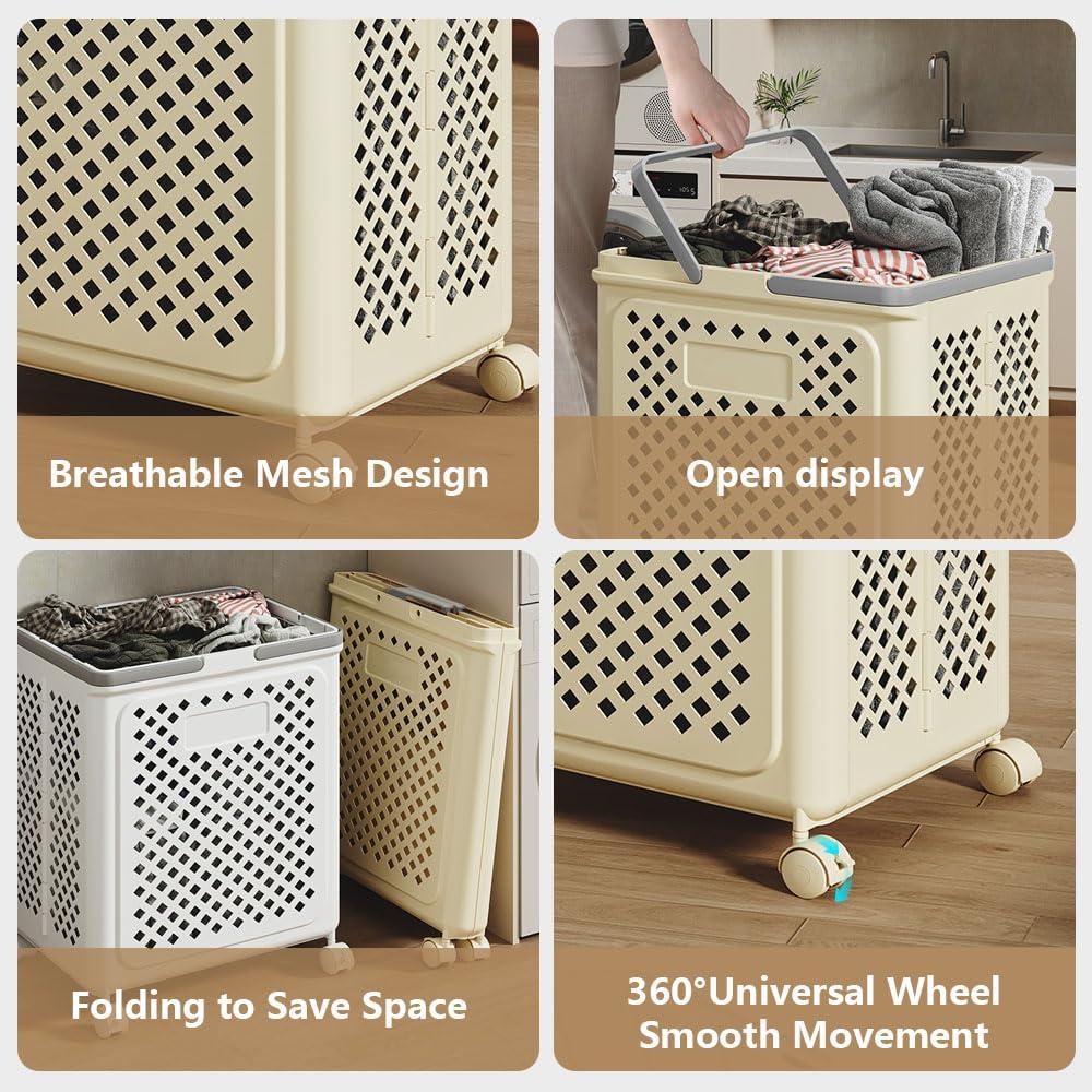 Desricy 50L small foldable storage basket with wheels and handles, yoga mat storage basket, mesh rolling laundry basket, plastic small rolling gift basket are the best choice to save space - Image 7
