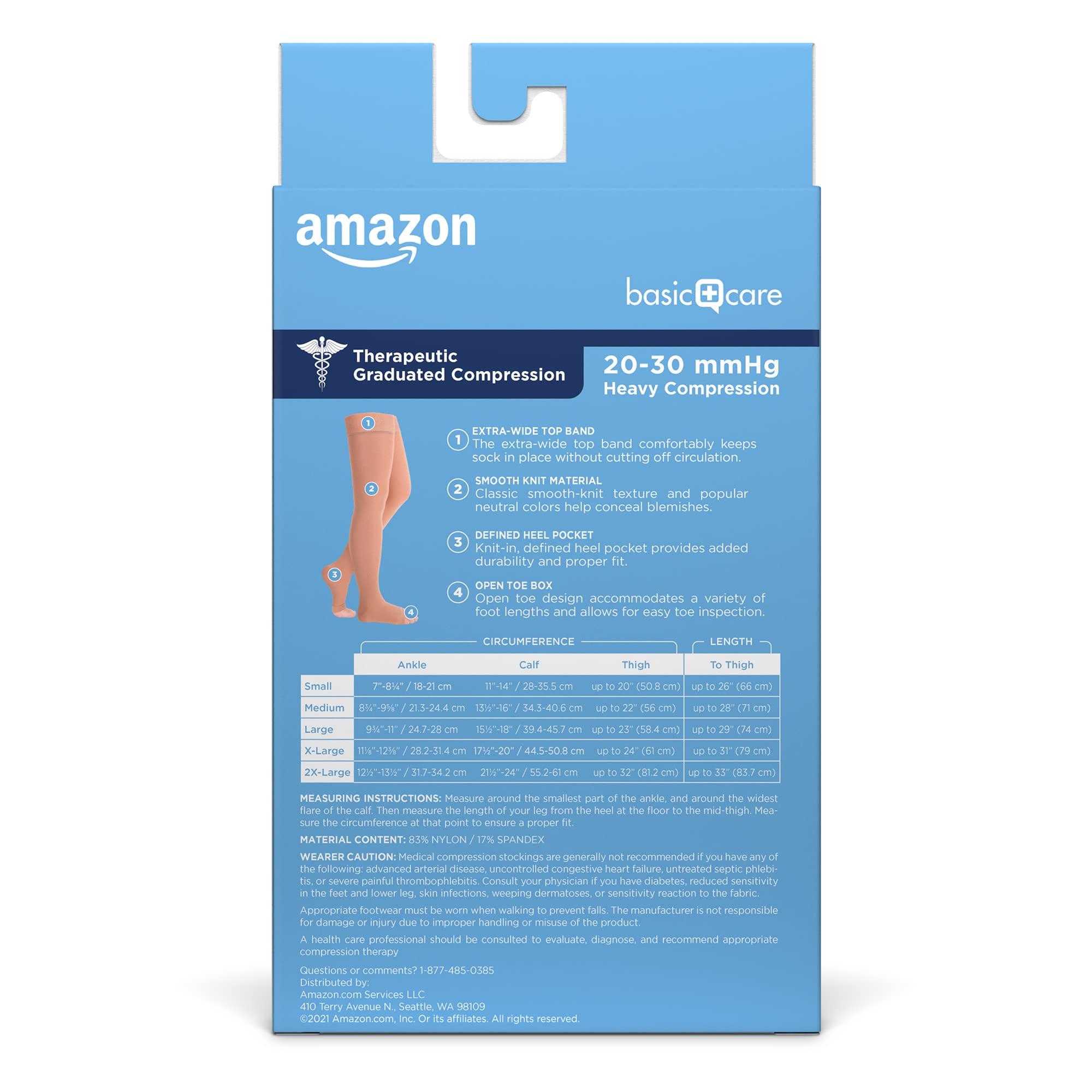 Amazon Basic Care Medical Compression Stockings, 20-30 mmHg Support, Women & Men Thigh Length Hose, Open Toe, Beige - Image 2