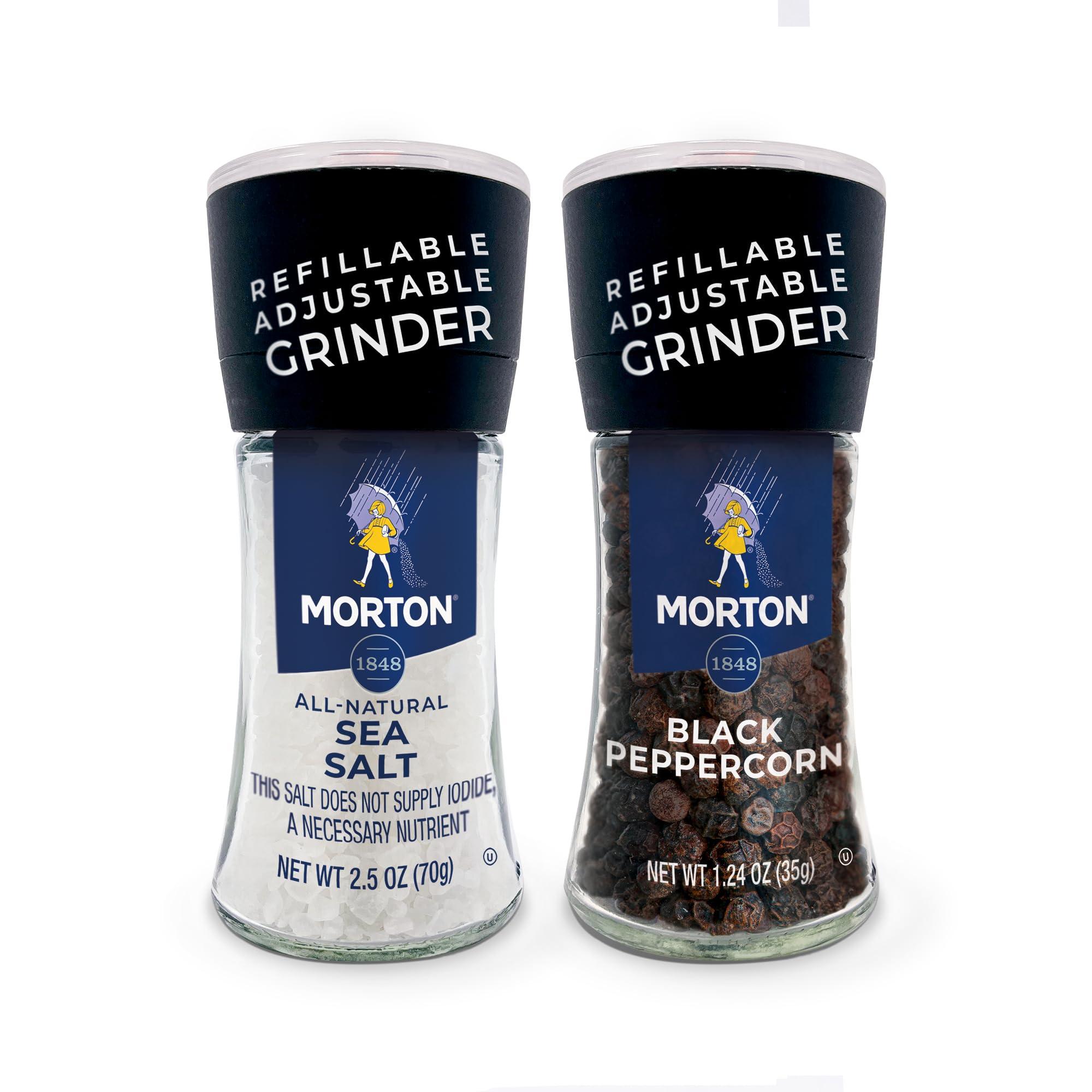 Morton Grinder Set - Sea Salt (2.5 oz) & Black Peppercorn (1.25 oz), 2-Pack, Adjustable & Refillable, Perfect for Cooking, Seasoning, and Finishing