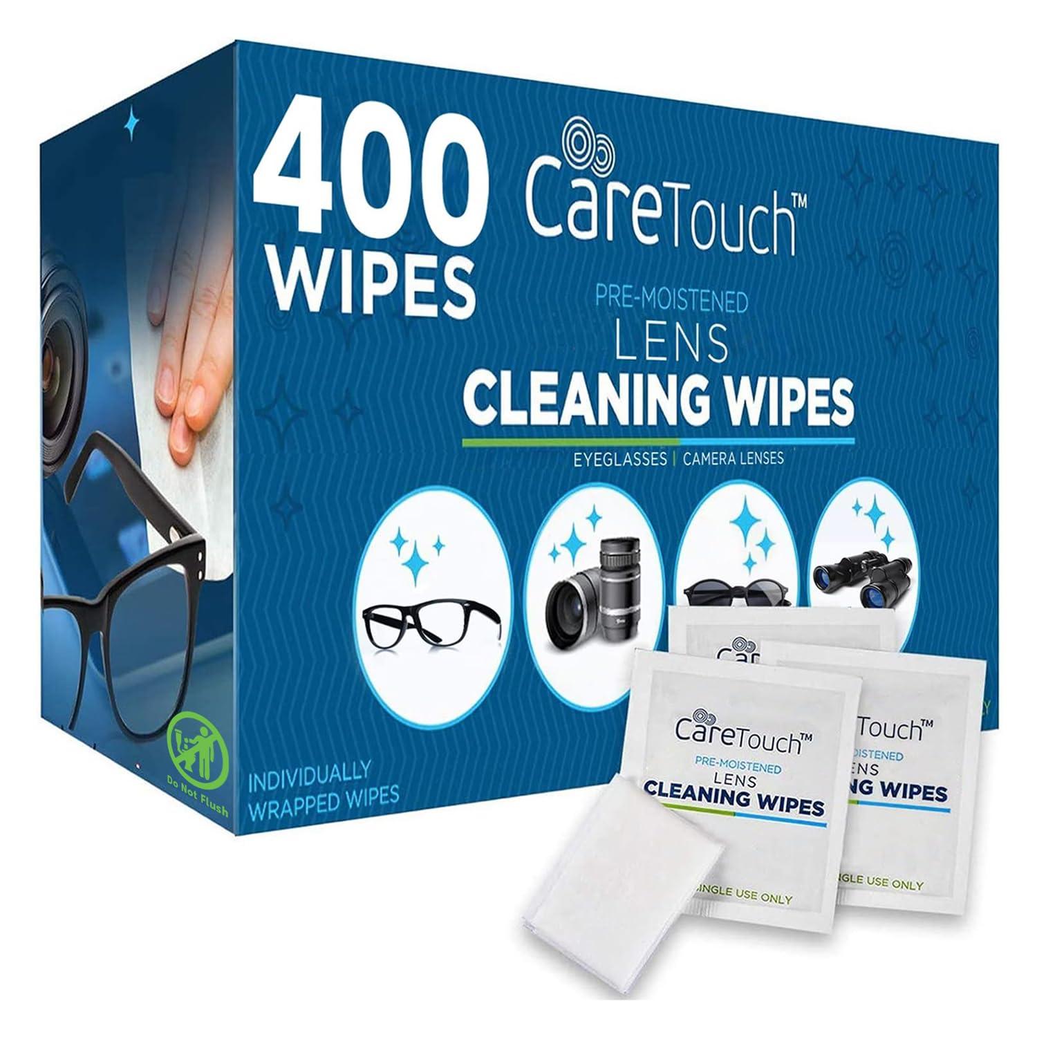 Care Touch Lens Wipes for Eyeglasses - 400 Count Individually Wrapped Pre-Moistened Wipes, 4.5x11-Inch - Sunglasses, Screens, and Glasses Cleaner - Gentle and Portable for Cleaning of Devices
