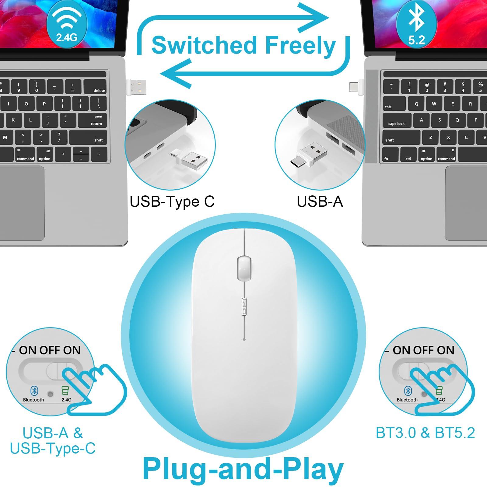 Mouse for MacBook Wireless Bluetooth Mouse Laptop MacBook Air Mac Pro Rechargeable Silent PC iPad Optical Mouse with Dual Mode Switch Bluetooth 5.2/3.0 and 2.4GHz USB Type-C Receiver Silvery - Image 3