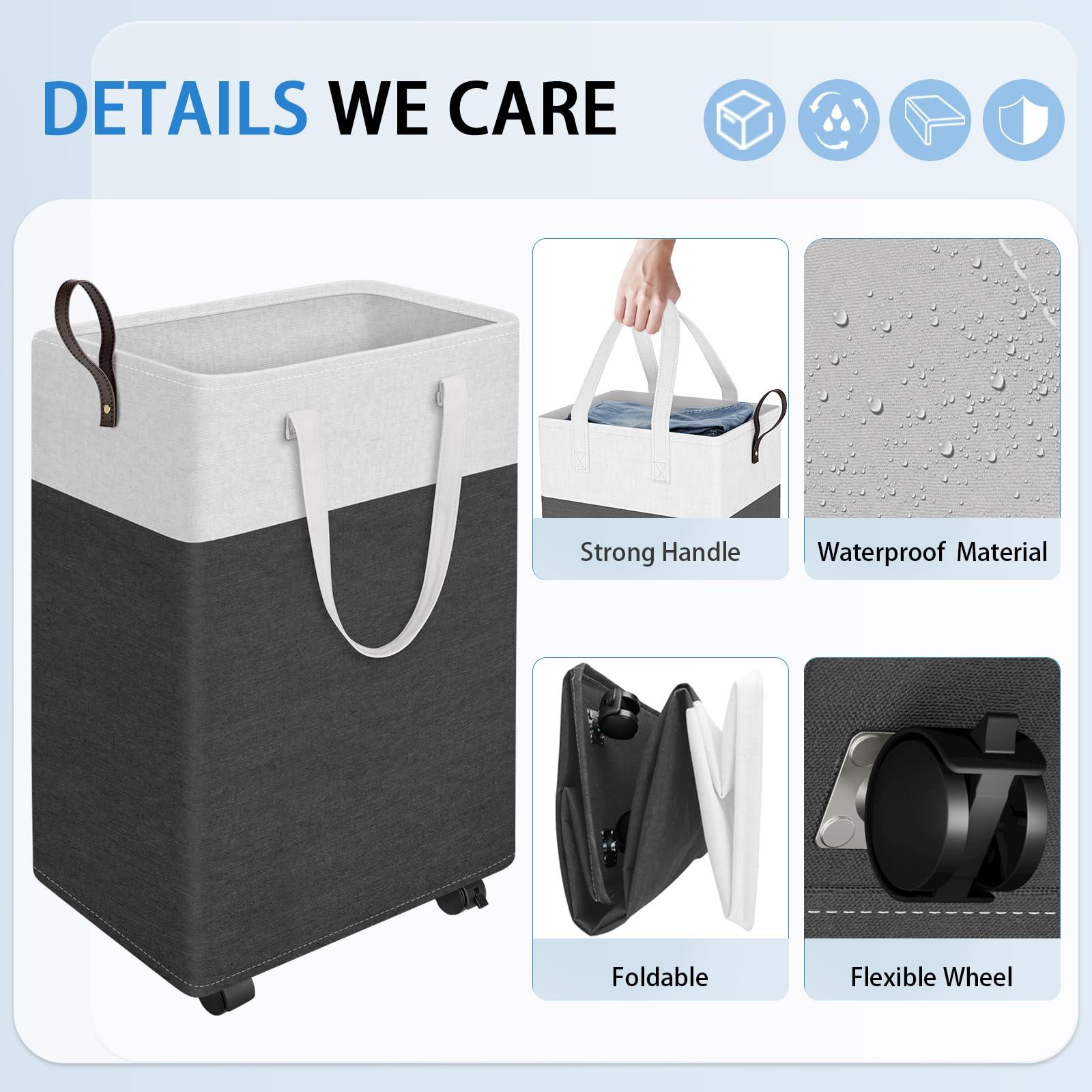 HomeHacks 75L Large - Capacity Rolling Laundry Basket, Laundry Hamper with 4 Smooth Wheels, Collapsible Waterproof Clothes Basket, Freestanding Hamper with Handles for Bedroom/Dorm/Laundry Room (Gray) - Image 4