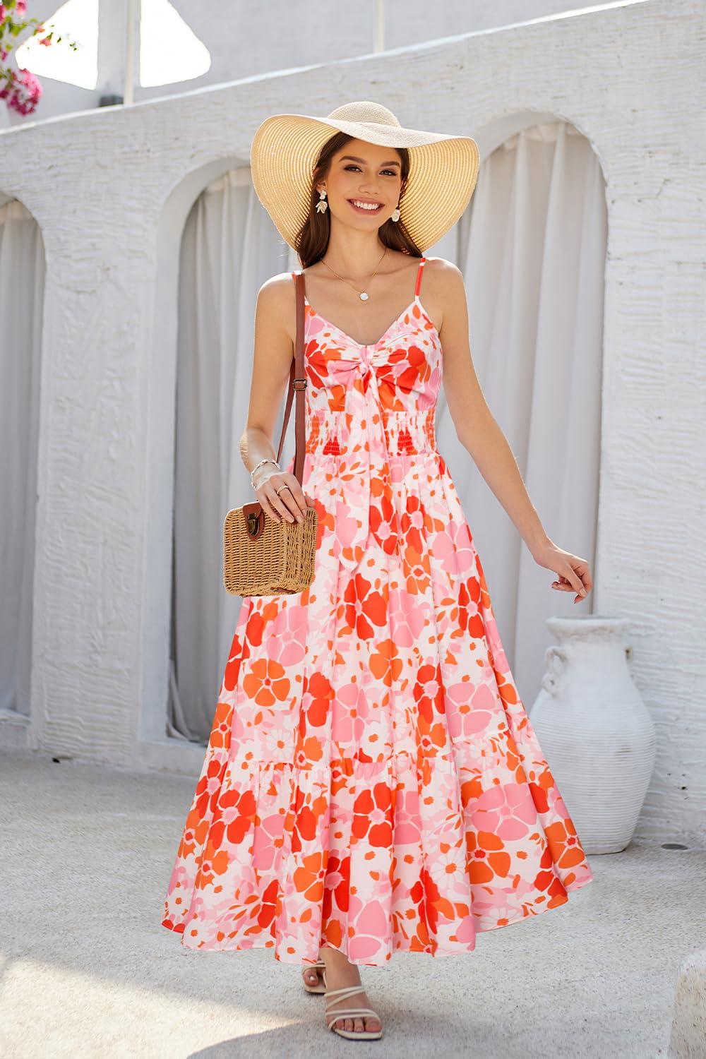 GRACE KARIN Women's 2025 Summer Maxi Dress Floral Tie Front Spaghetti Strap Casual Boho Beach Flowy Sundress with Pockets - Image 3