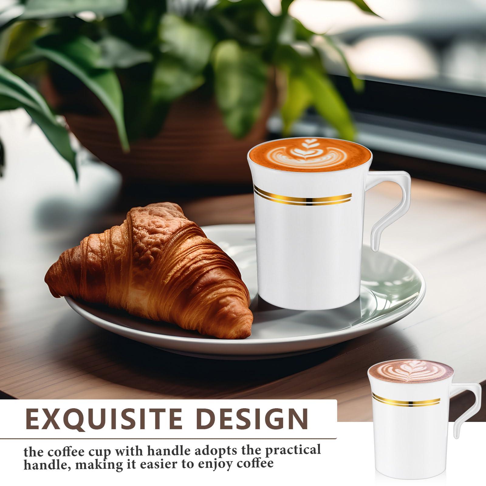 Baderke 48 Pcs Plastic Coffee Cups with Rim 8 oz Disposable Coffee Mugs with Handle Disposable Tea Cups Espresso Beverage Plastic Mugs for Wedding (White,Gold) - Image 4