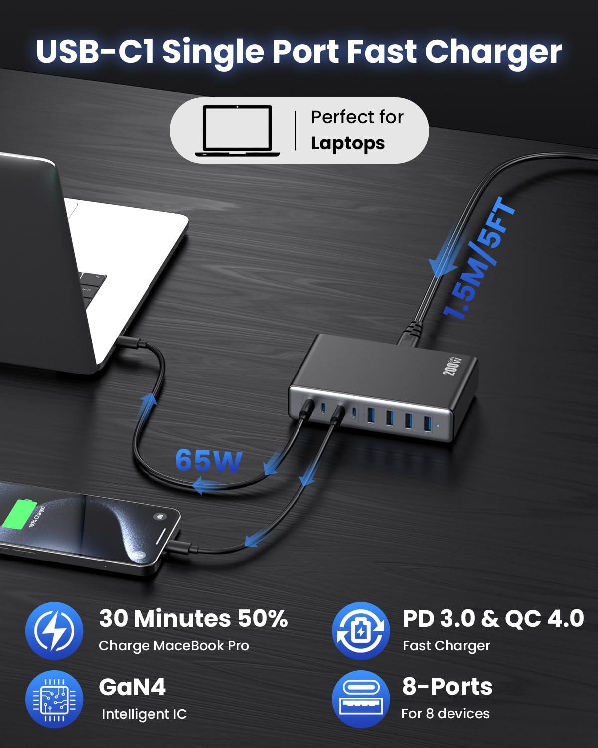 200W USB C Charger Block,GaN IV Charging Station 8 Ports,QC4.0 Fast Charging Station Hub+PD 65W USB C Laptop Charger Adapter Compatible with MacBook Air/Pro,DELL,iPhone 16/15,iPad,Steam Deck-Black - Image 6
