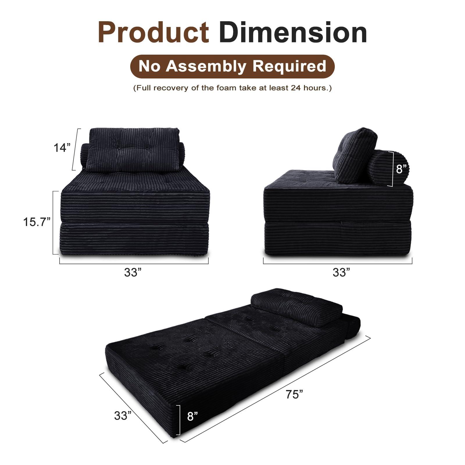 Nigoone Sofa Bed Futon, Versatile Foldable Sleeper Chair with Pillow, Supportive Memory Foam, Plush Corduroy Fabric, Cozy Floor Couch, Convertible Mattress for Bedroom/Living Room/Guest/Office, Black - Image 2