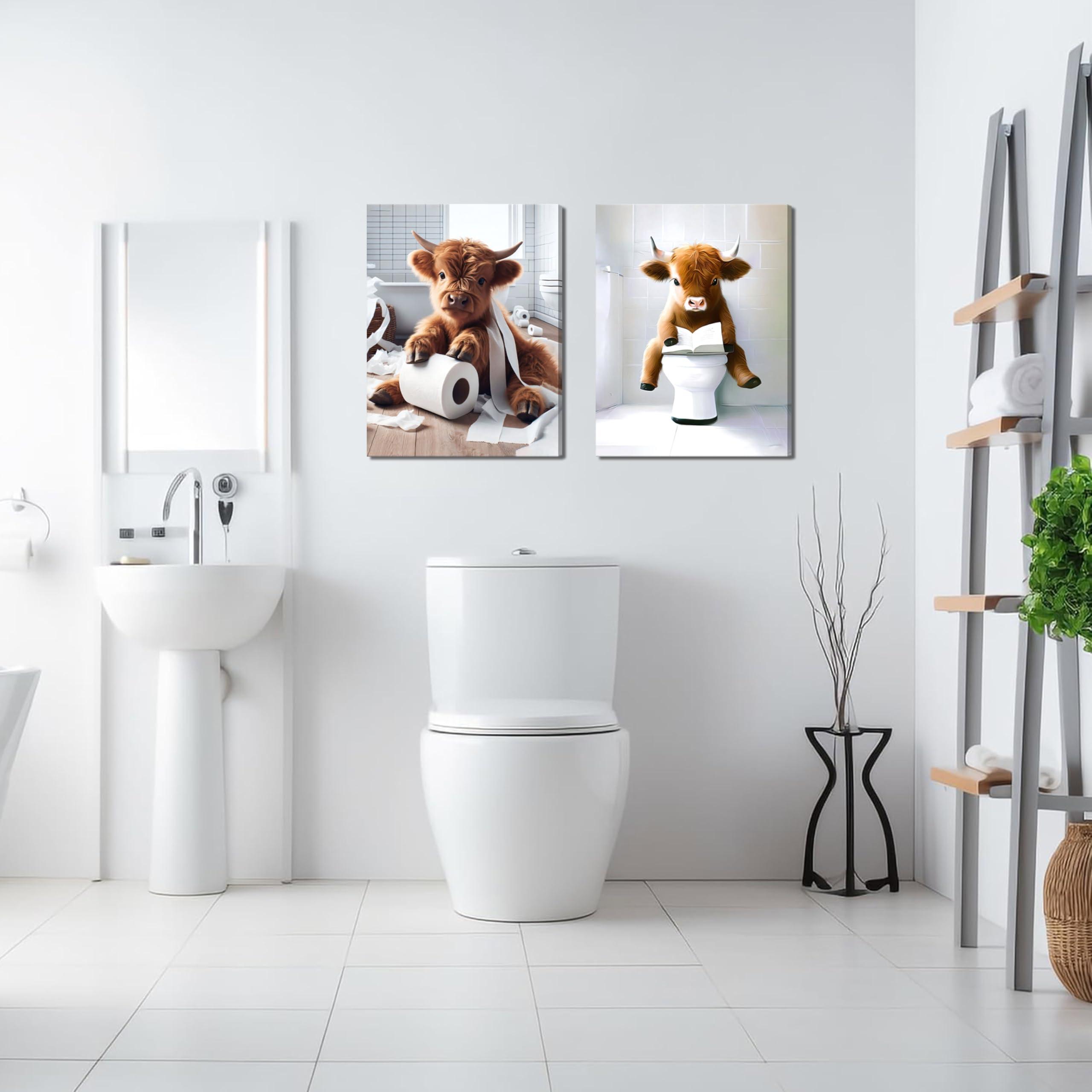 Funny Bathroom Highland Cow Wall Art, Brown Cute Cow Animal Canvas Posters Prints Set of 3, Vintage Rustic Farmhouse Home Pictures Wall Decor Painting for Bathroom Restroom Framed 12x16 Inch - Image 7