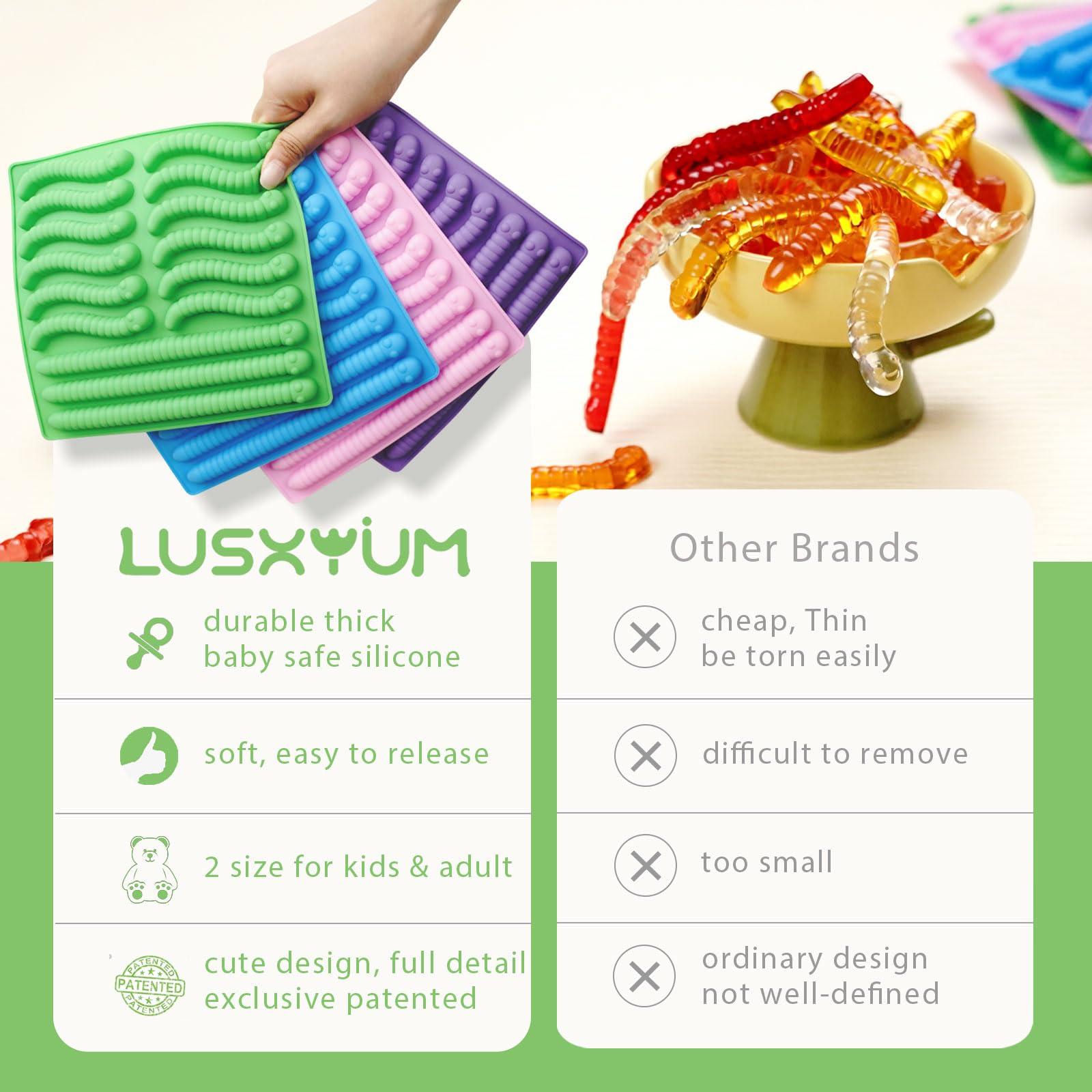 LUSHYUM Gummy Worm Molds Silicone 6ML 14ML, 4PCS Non-Stick Silicone Large Worm Molds for Chocolate Gummy Candy 60 Cavity with 2 Droppers & Brush, Ideal Gift for Kids Adult Halloween Party - Image 4