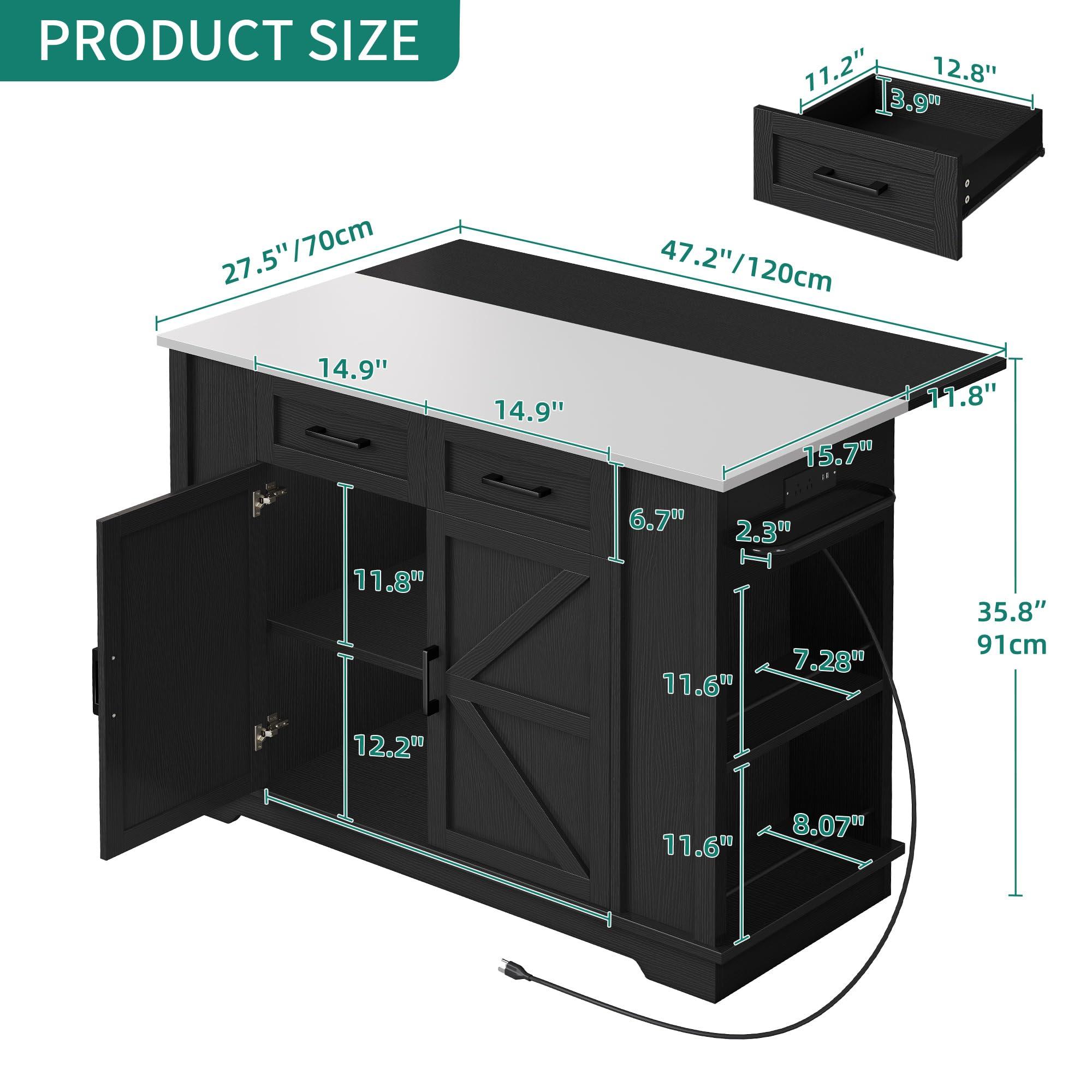 YITAHOME Kitchen Island with Drop Leaf, 47 Inch Mobile Stroage Islands with Stainless Steel Top, Rolling Island Table with Power Outlet, Adjustable Shelves, Spice Rack, Towel Rack for Kitchen, Black - Image 2