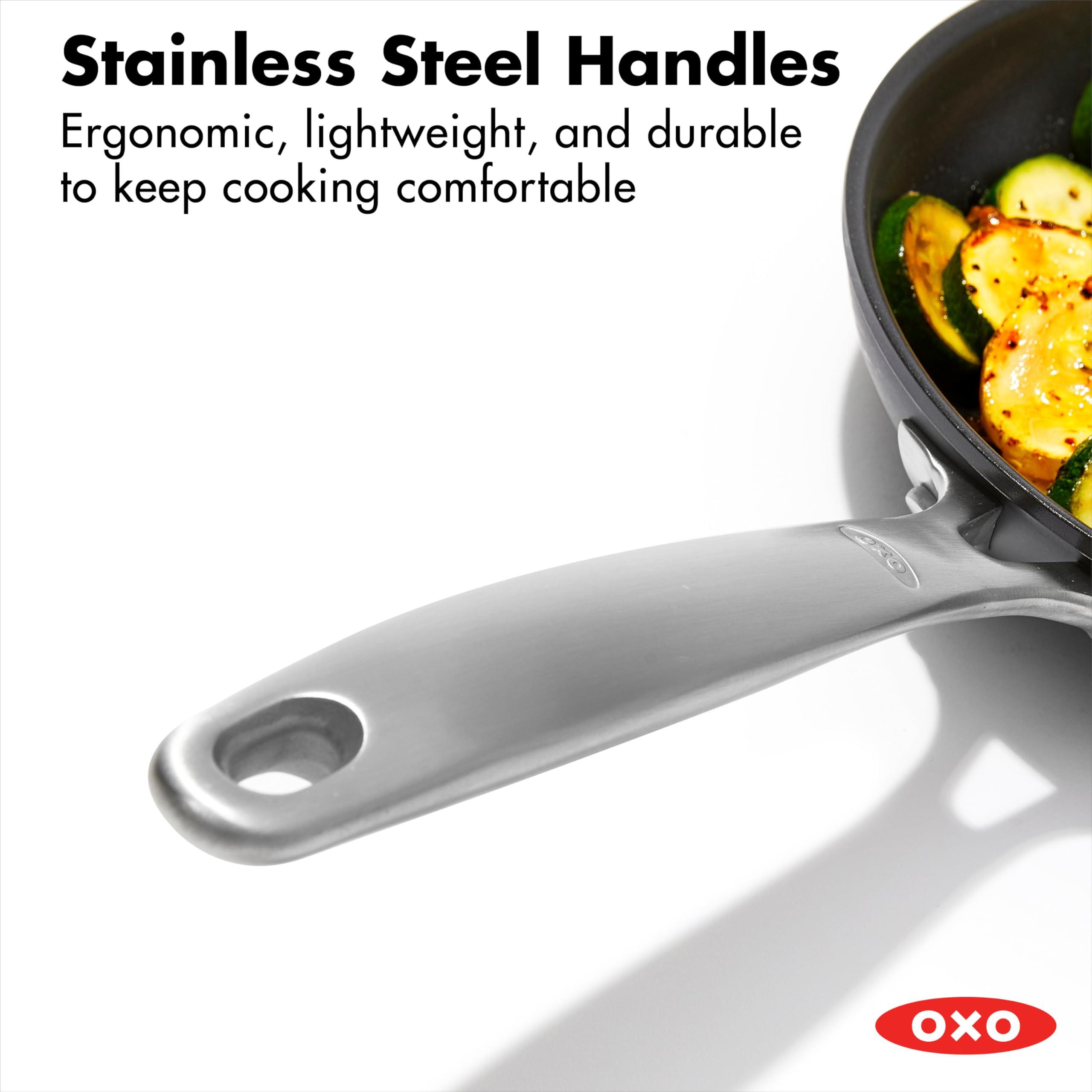 OXO 3 Piece Nonstick Frying Pan Skillet Set,  8" 10" and 12" Ceramic PFAS-Free Cookware, Stainless Steel Handle, Dishwasher Safe, Oven Safe, Black - Image 5