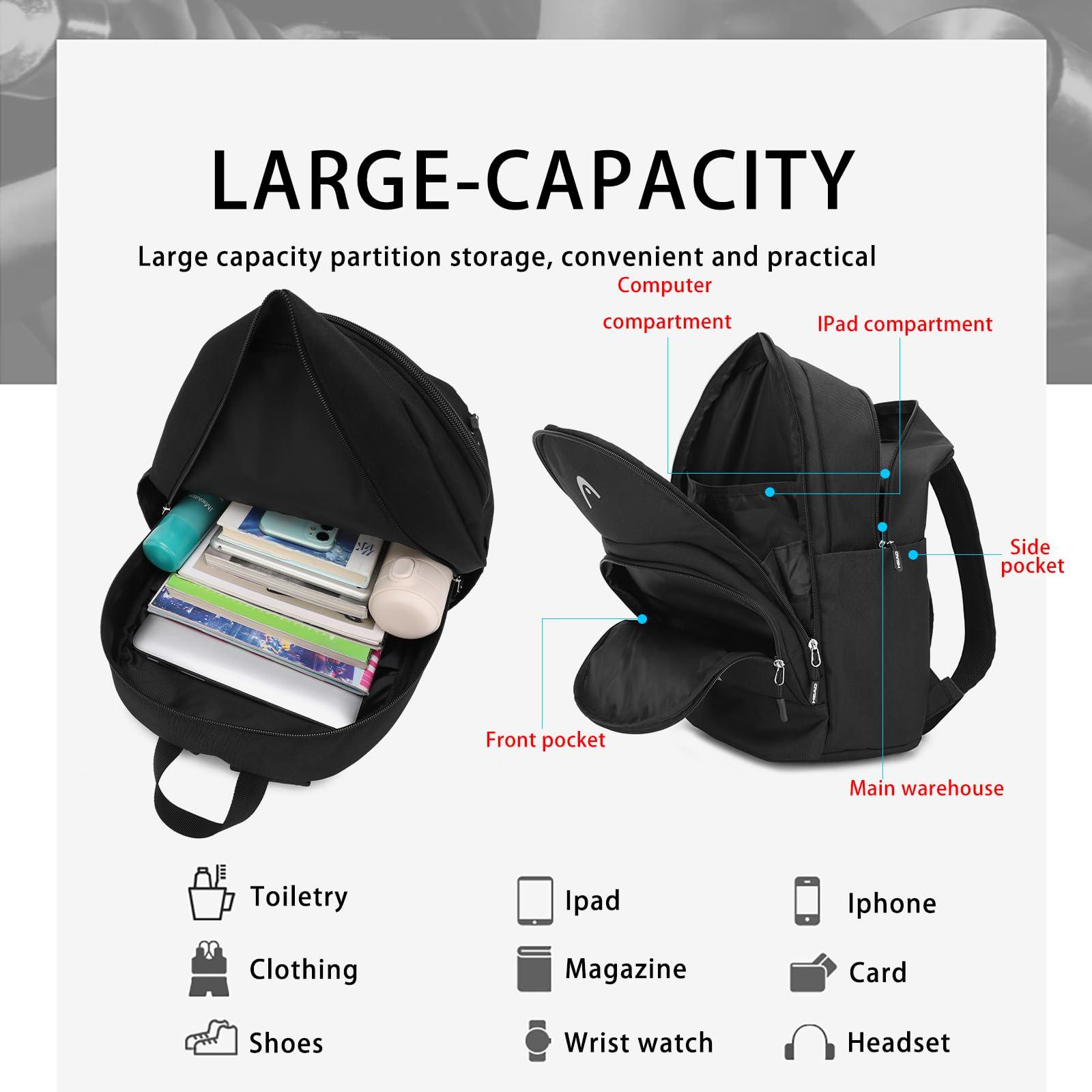 HEAD Waterproof Travel Backpack for Women & Men, Lightweight Laptop Backpack Computer Bag fits 15.6 Inch Notebook, Casual Daypack College Backpacks with 9 Pockets for Overnight/Sports Gym/Work/Fitness - Image 8