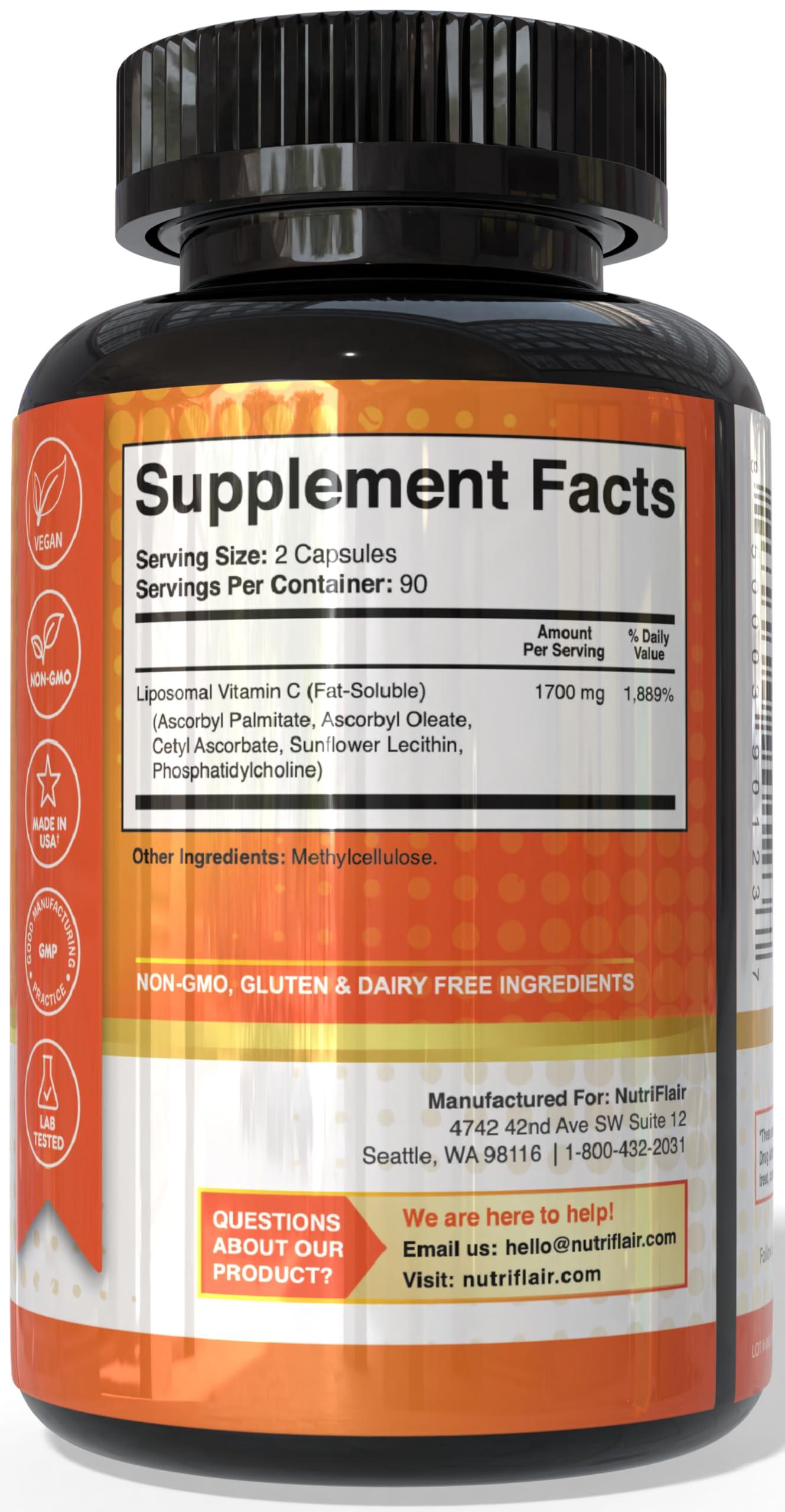 NutriFlair Liposomal Vitamin C 1600mg, 180 Capsules - High Absorption, Fat Soluble VIT C, Antioxidant Supplement, Higher Bioavailability Immune System Support & Collagen Booster, Non-GMO, Vegan Pills - Image 2