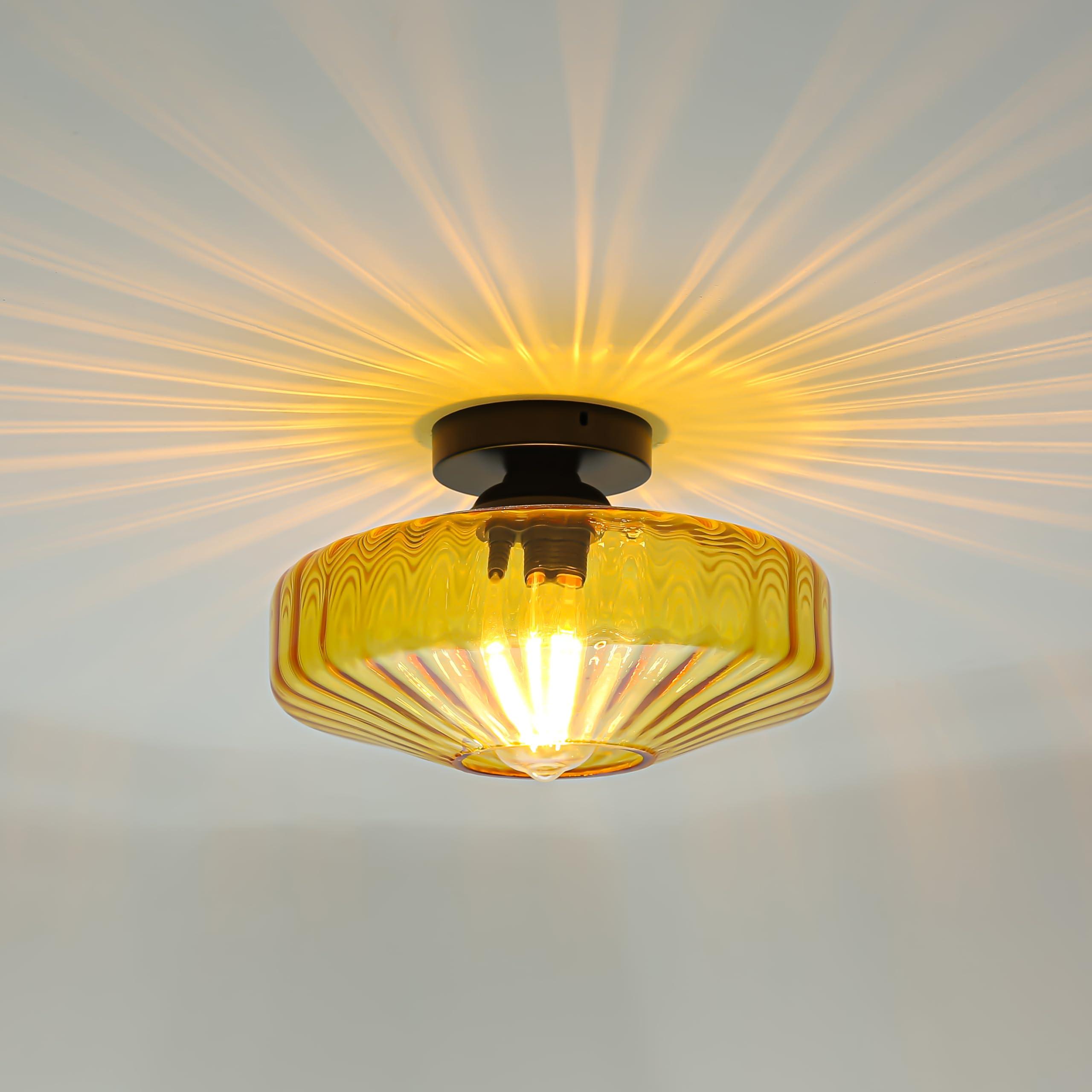 FCTWAKS Semi Flush Mount Ceiling Light, 11.8" Mid Century Modern 1-Light Close to Ceiling Light Fixtures with Drum Amber Glass Shade for Bedroom Entryway Hallway Porch Foyer - Image 2