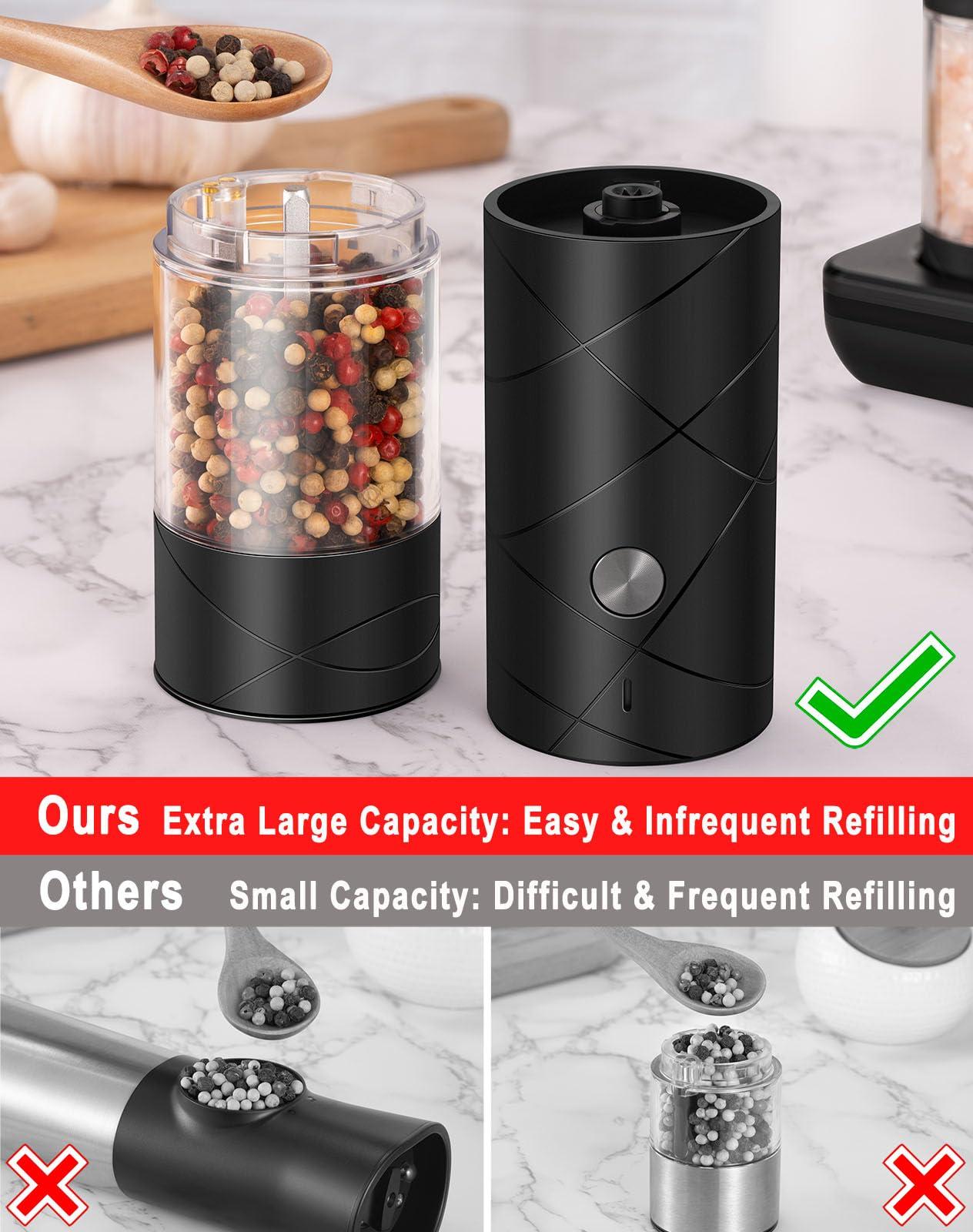 Rechargeable Electric Salt and Pepper Grinder Set - Extra Large Capacity - Automatic Black Peppercorn & Sea Salt Mill Grinders Set with Adjustable Coarseness & LED Light - Image 4