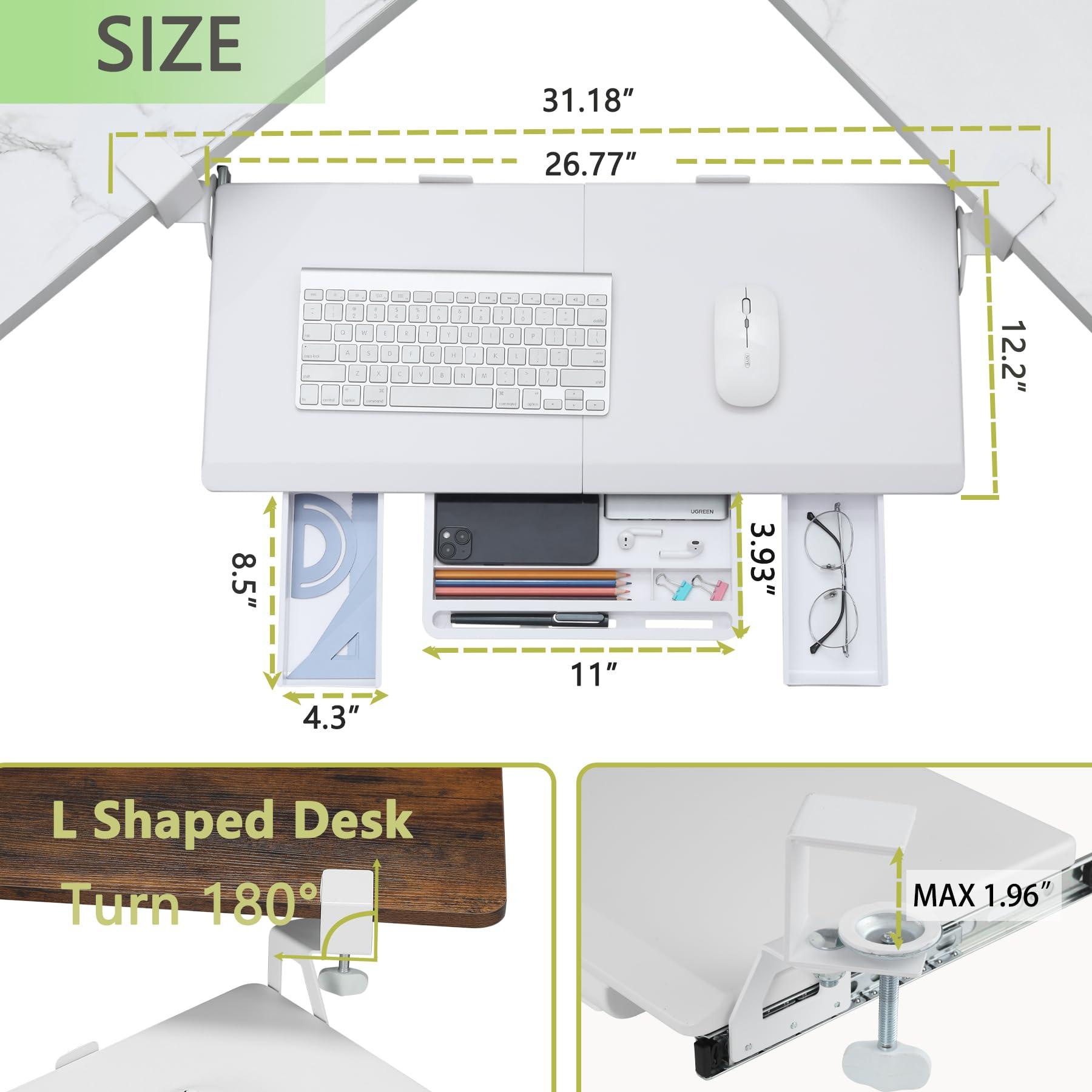 ETHU Keyboard Tray Under Desk, Ergonomic Corner Keyboard Tray with 180° Adjustable C Clamp for L Shape Desk 26.77" X 12.2" Easy to Install, Computer Keyboard Stand for Home and Office (White) - Image 3