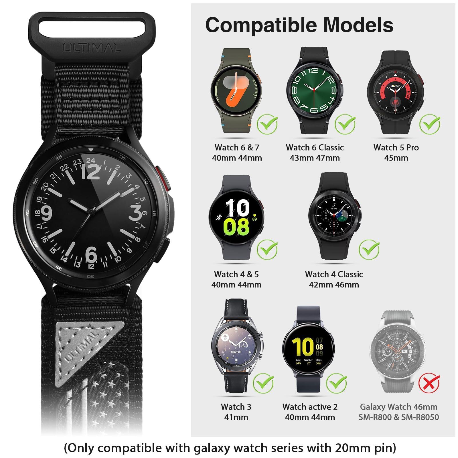 Compatible with Samsung Galaxy Watch 7 6 5 4 FE 40mm 44mm/6 Classic 43mm 47mm/5 Pro 45mm/4 Classic 42mm 46mm, 20mm Nylon Adjustable Sports Strap for Men Women (BLACK USA FLAG, L) - Image 3