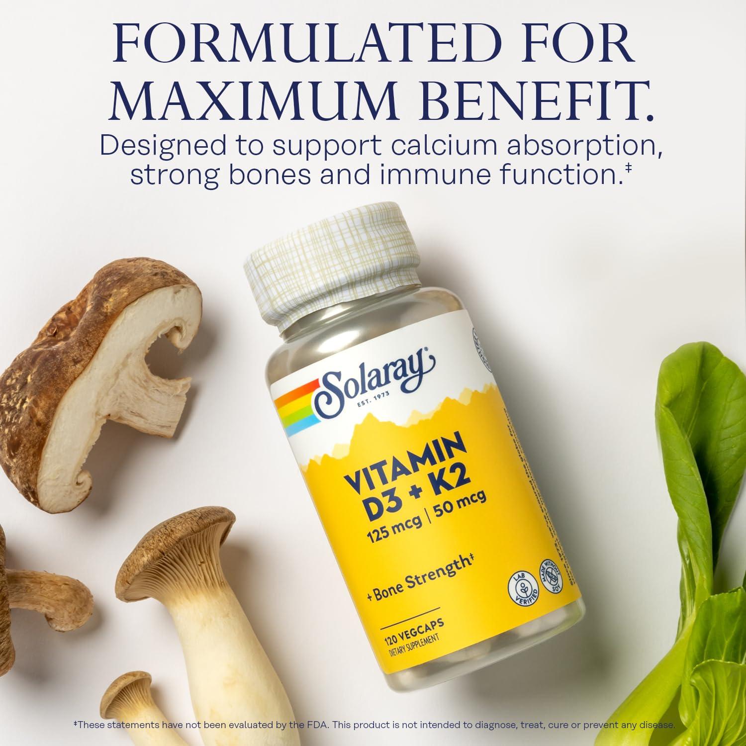 SOLARAY Vitamin D3 K2 - Bone Health and Immune Support Supplement - With 5000 IU Vitamin D as Vit D3 and 50 mcg Vitamin K2 as Menoquinone MK7, Made Without Soy, 60-Day Guarantee, 120 Serv, 120 VegCaps - Image 3