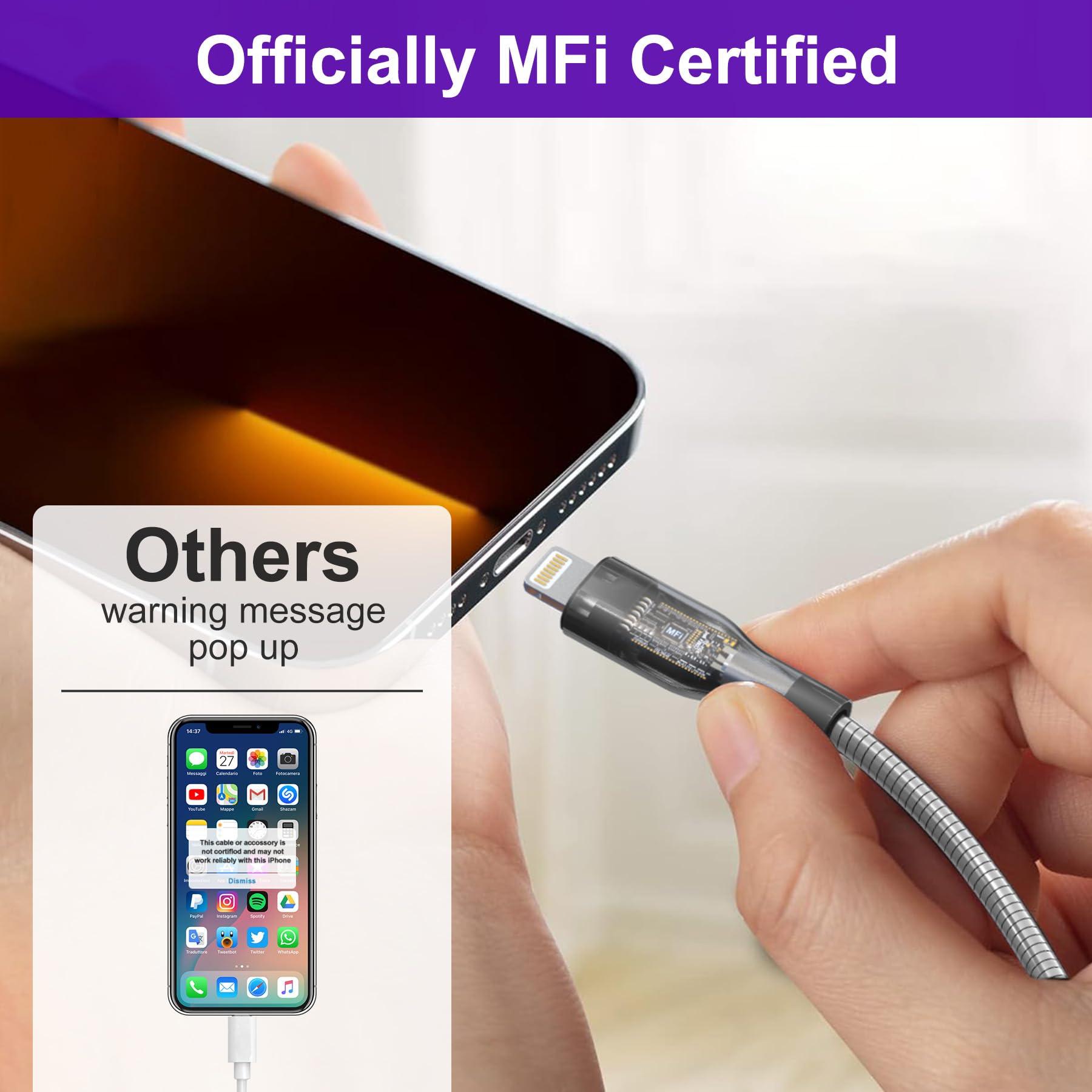 6FT Chew Proof iPhone Charger Cord - MFi Certified Silver Metal Braided USB to Lightning Cable, Metal Dog Cat Chew Proof iPhone Charging Cord with Data Transfer, for iPhone 14 13 12 11 X XS XR 8 7 6 5 - Image 5