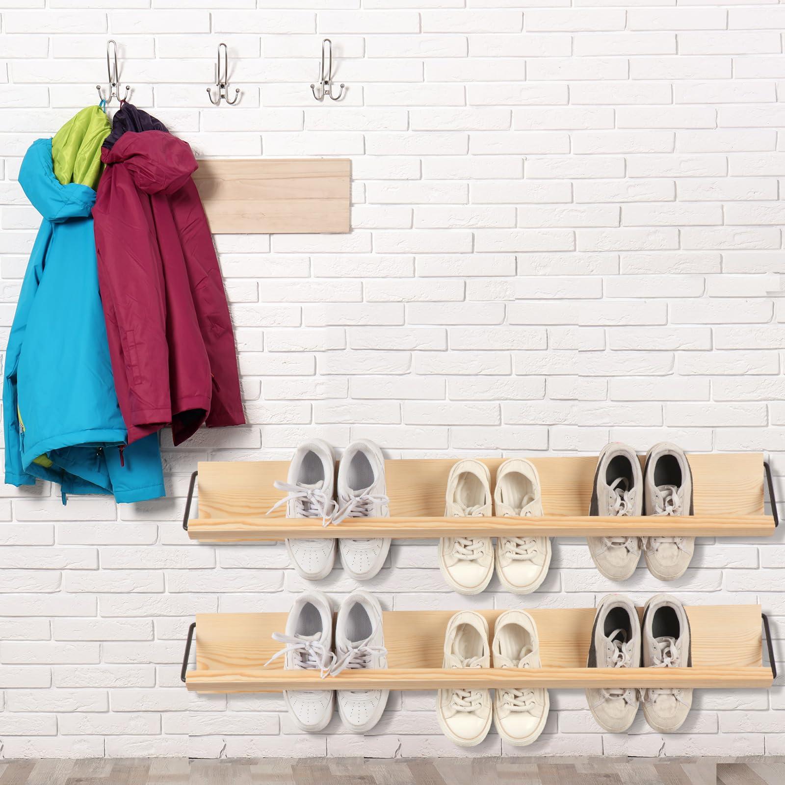 Mifoci 2 Pcs Wall Mounted Shoe Rack Organizer Wooden Modern Compact Wall Space Saving Shoe Holder Storage for Sneaker Footwear Slipper Boots Entryway Narrow Spaces Hallway(39.37'' Long) - Image 5