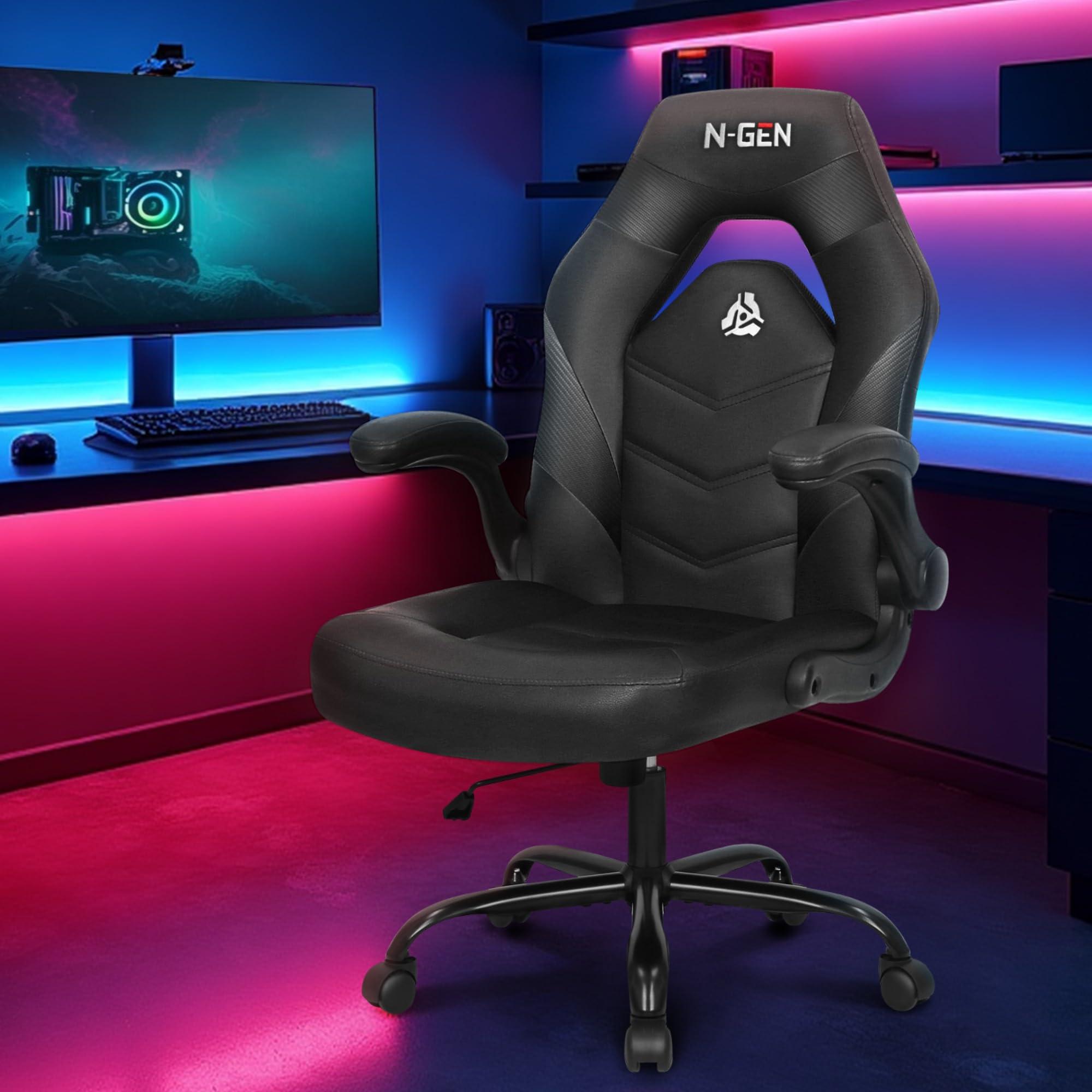 N-GEN Video Gaming Chair Ergonomic Computer Desk Office Chair with Lumbar Support Adjustable Height Swivel Wheels Flip-Up Arms PU Leather Home and Office (Black) - Image 2