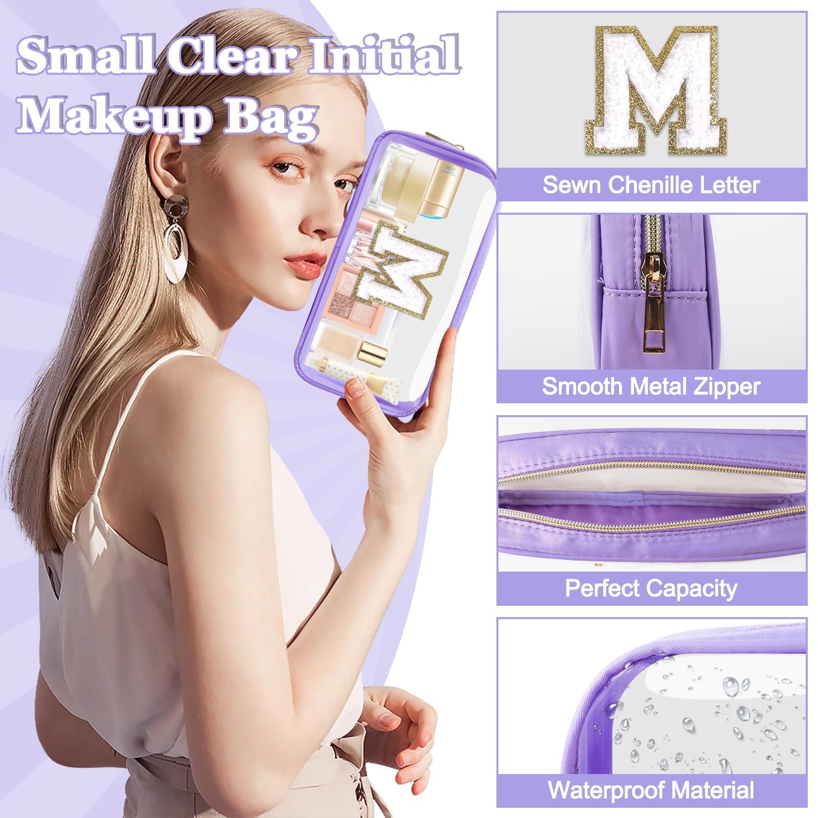 Small Clear Personalized Initial Makeup Bag,Nylon Preppy A-Z Chenille Letter Patch Cosmetic Pouch Beach Toiletry Bag,Waterproof Zip Travel Purse Storage Bag Organizer for Women Girls(Purple-White M) - Image 3