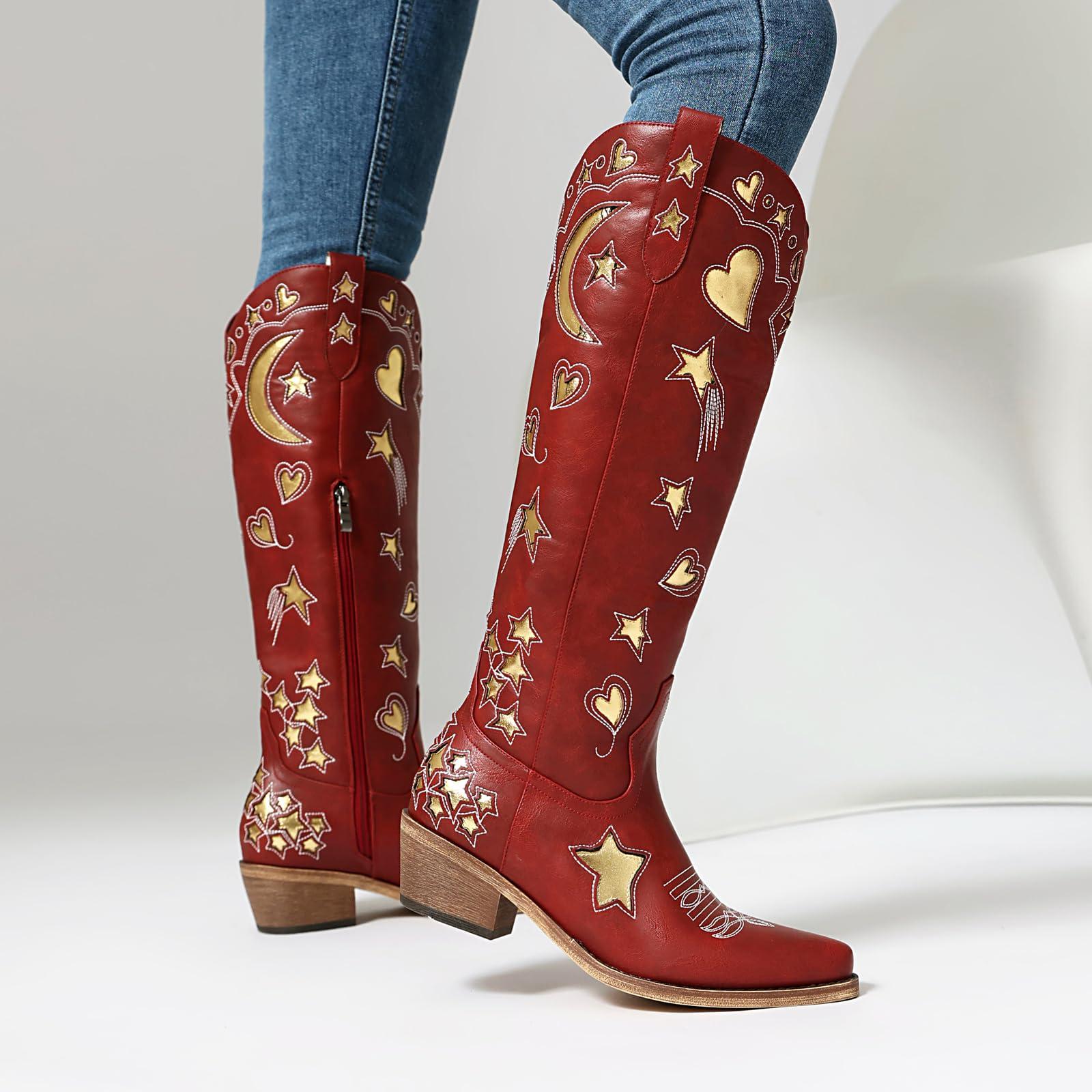 AIWGLESOLE Western Cowboy Boots for Women Knee High, Stars Moon Heart Patterns Low Heel - Image 7