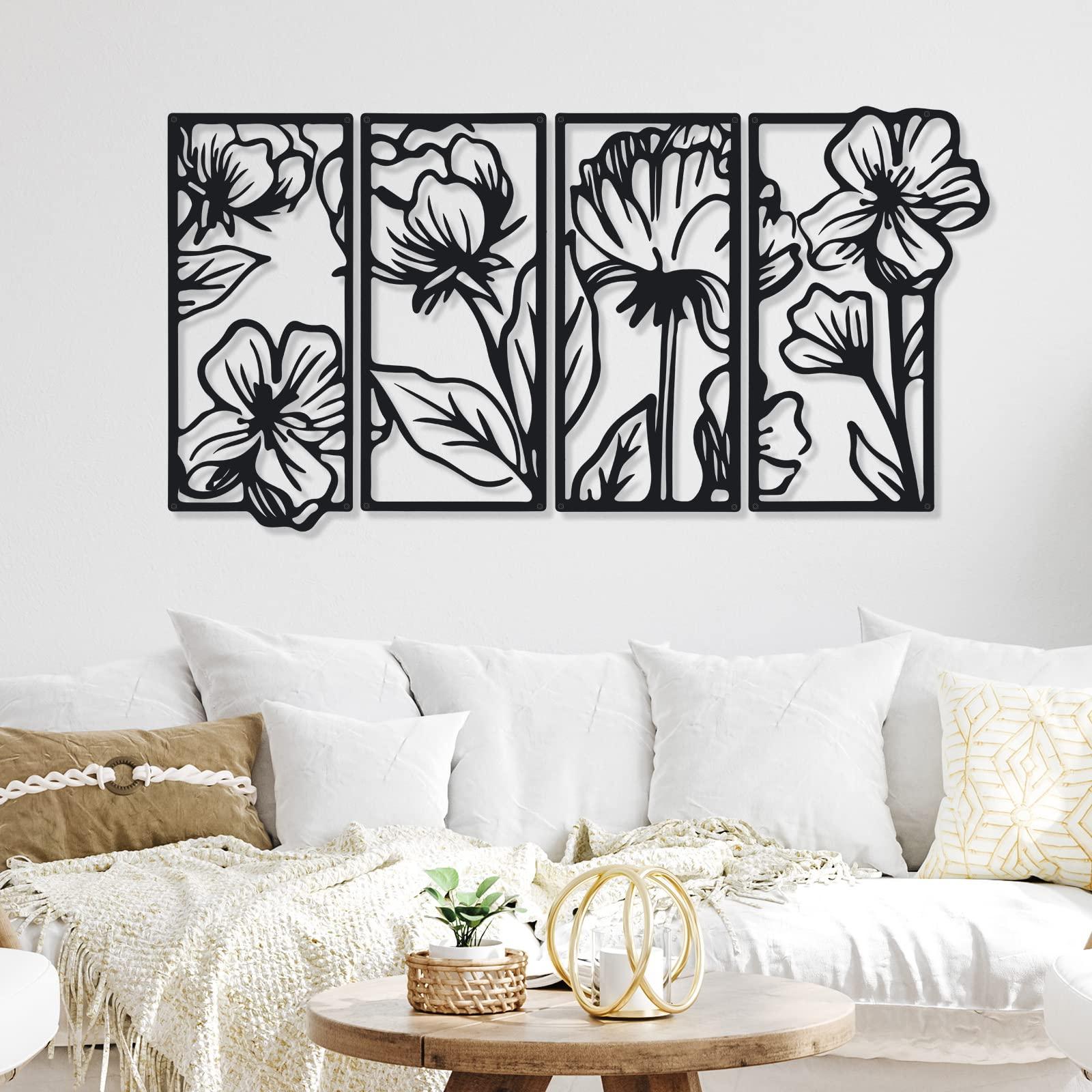 Cunno 4 Pcs Black Wall Decor Metal Floral Minimalist Line Art Wall Living Room Bedroom Flower Aesthetic Modern Sculpture Poppy Theme Hanging Home Kitchen Bathroom Decorations