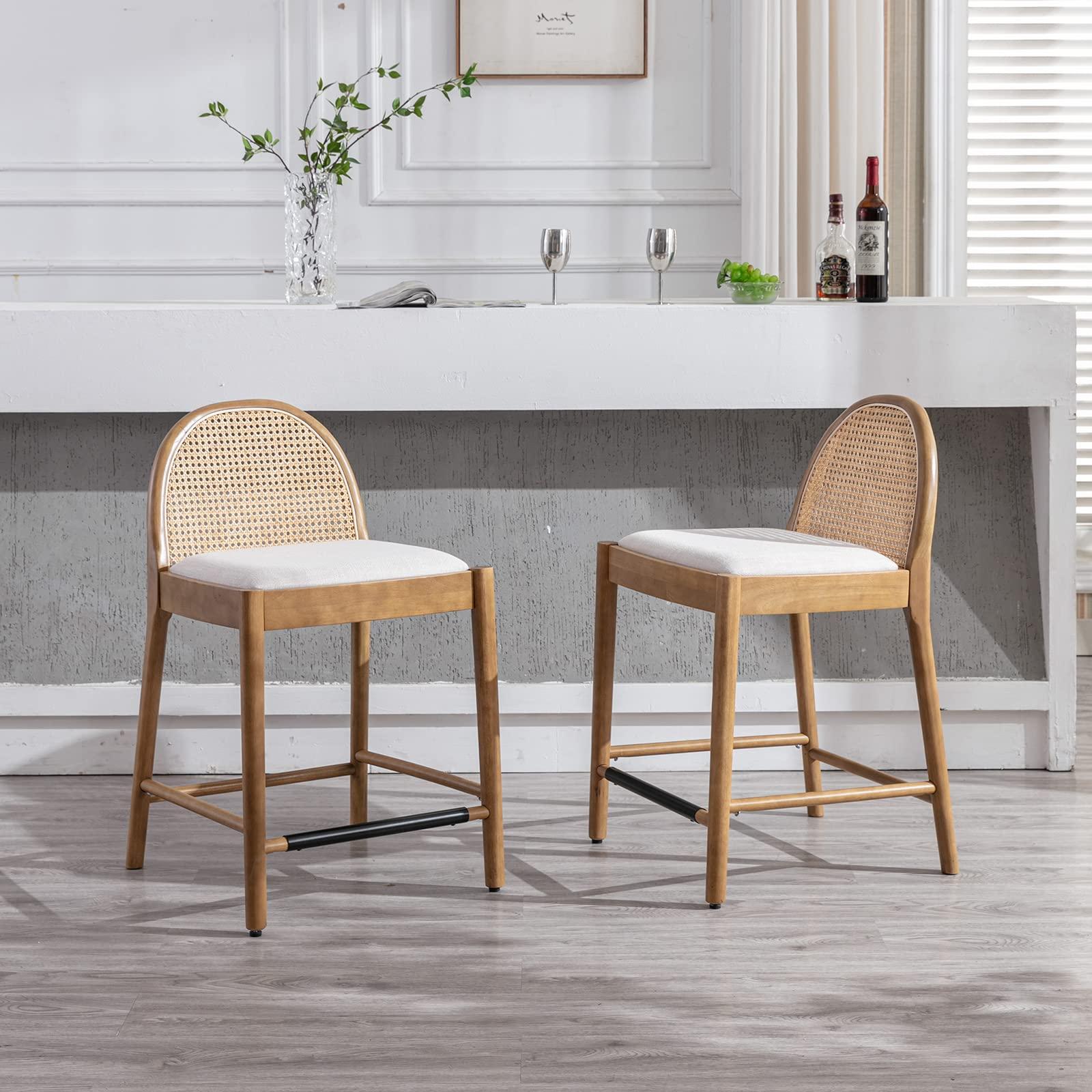 DUOMAY Modern Counter Stools Set of 4, 26 Inch Seat Height Counter Height Barstools Wooden Linen Upholstered Bar Stools with Oval Rattan Backrest Armless Kitchen Island Stool Chair, Beige - Image 7