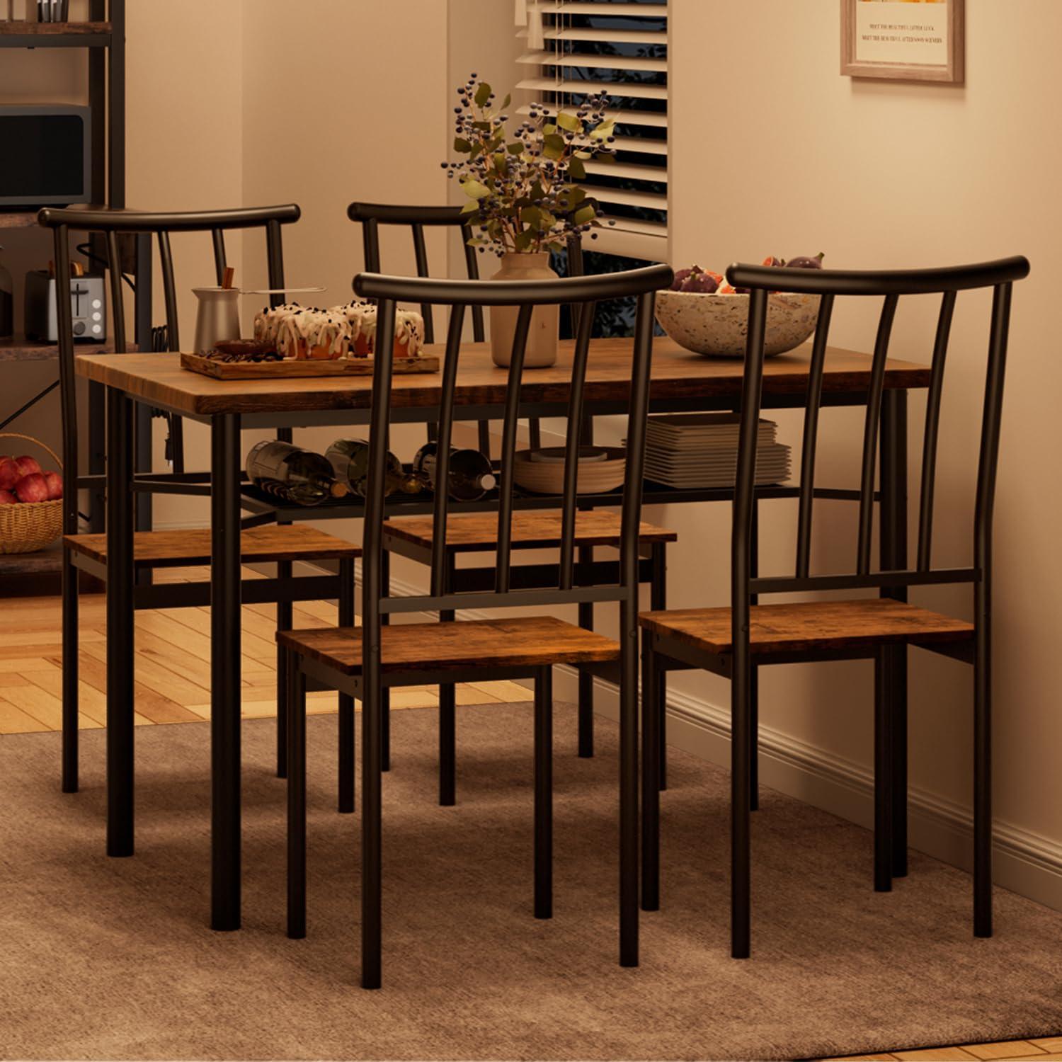 CABIHOME Dining Table Set for 4, Rectangle Kitchen Table Set with Wine Rack, Sturdy Chairs, Rustic Brown