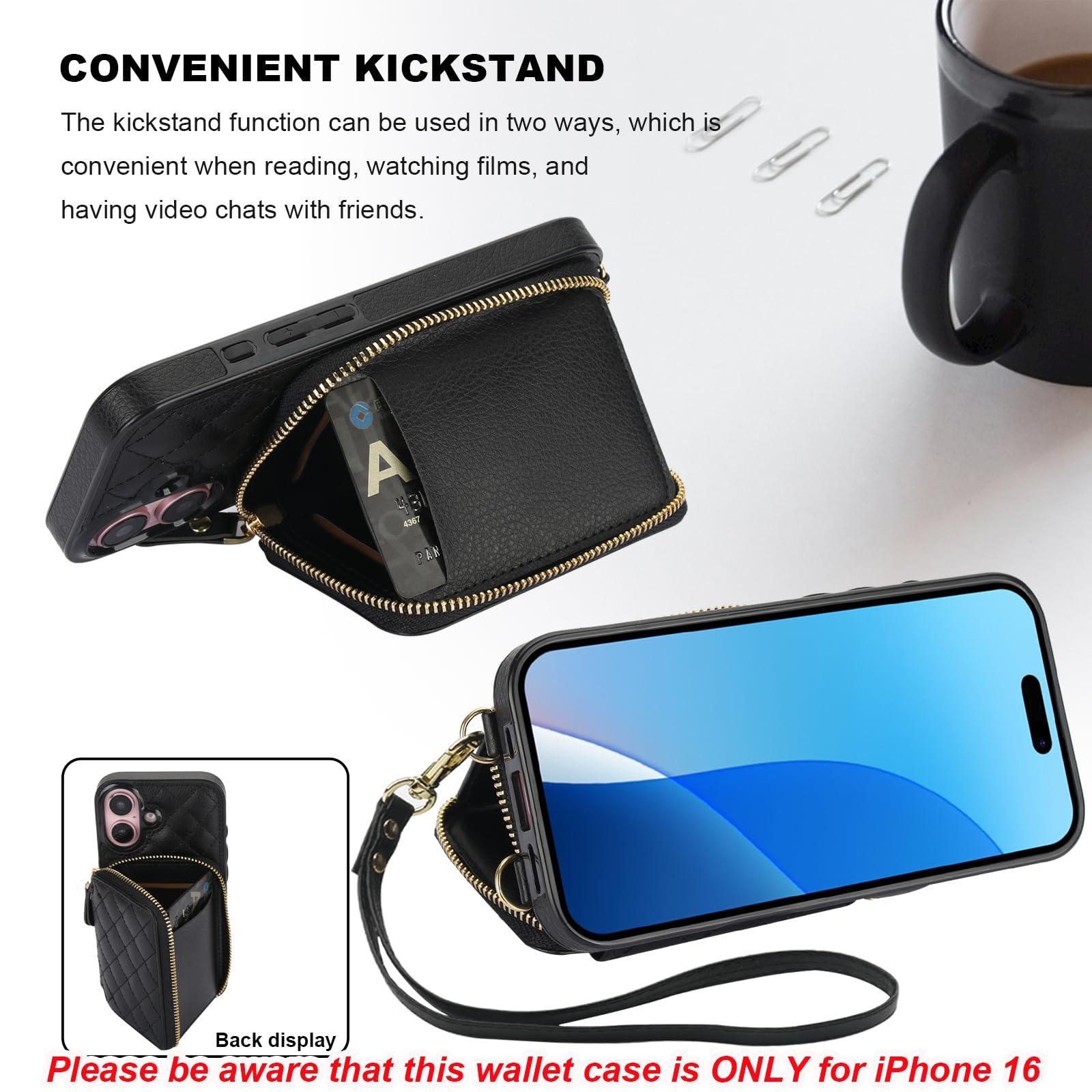 Bocasal Crossbody Wallet Case for iPhone 16, RFID Blocking PU Leather Zipper Handbag Purse Flip Cover, Kickstand Folio Case with Card Slots Holder Wrist Strap Lanyard 5G 6.1 Inch (Black) - Image 6