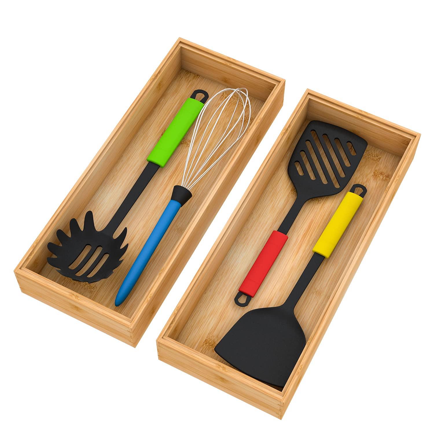 Drawer Organizer Storage Box Kitchen - Wood Stackable Tray Utensil Organizer for Office Drawers,Cabinets,Shelves,Pantry,or Bathroom Counter,Drawer Dividers for Silverware Set of 2（15x6x2.5inch）