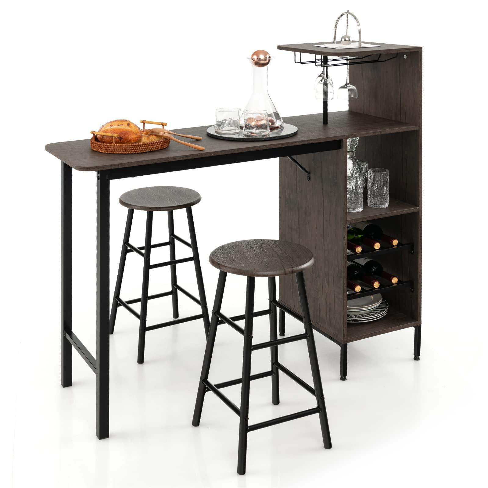 GOFLAME Bar Table and Chairs Set for 2, Counter Height Dining Table Set with Shelves, Cup Holder & Wine Rack, Breakfast Table & Chair Set, 3-Piece Pub Table Set for Kitchen, Dining Room