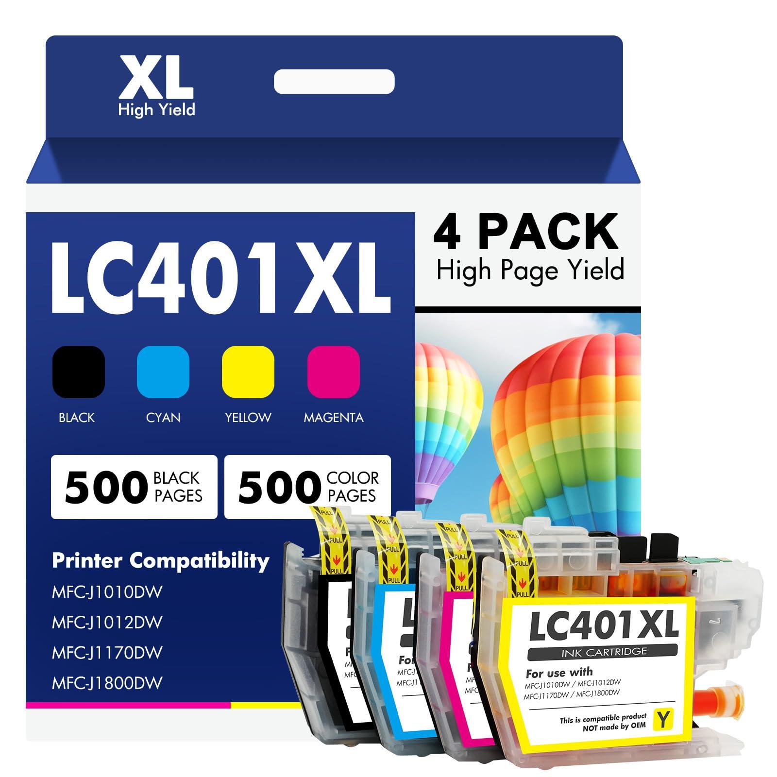 LC401 LC401XL MFC-J1010DW Ink Cartridges for Brother Printer LC 401 401XL for MFC-J1010DW MFC-J1170DW MFC-J1012DW MFC-J1800DW MFC J1010DW - 4 Pack High Yields Black Cyan Magenta Yellow