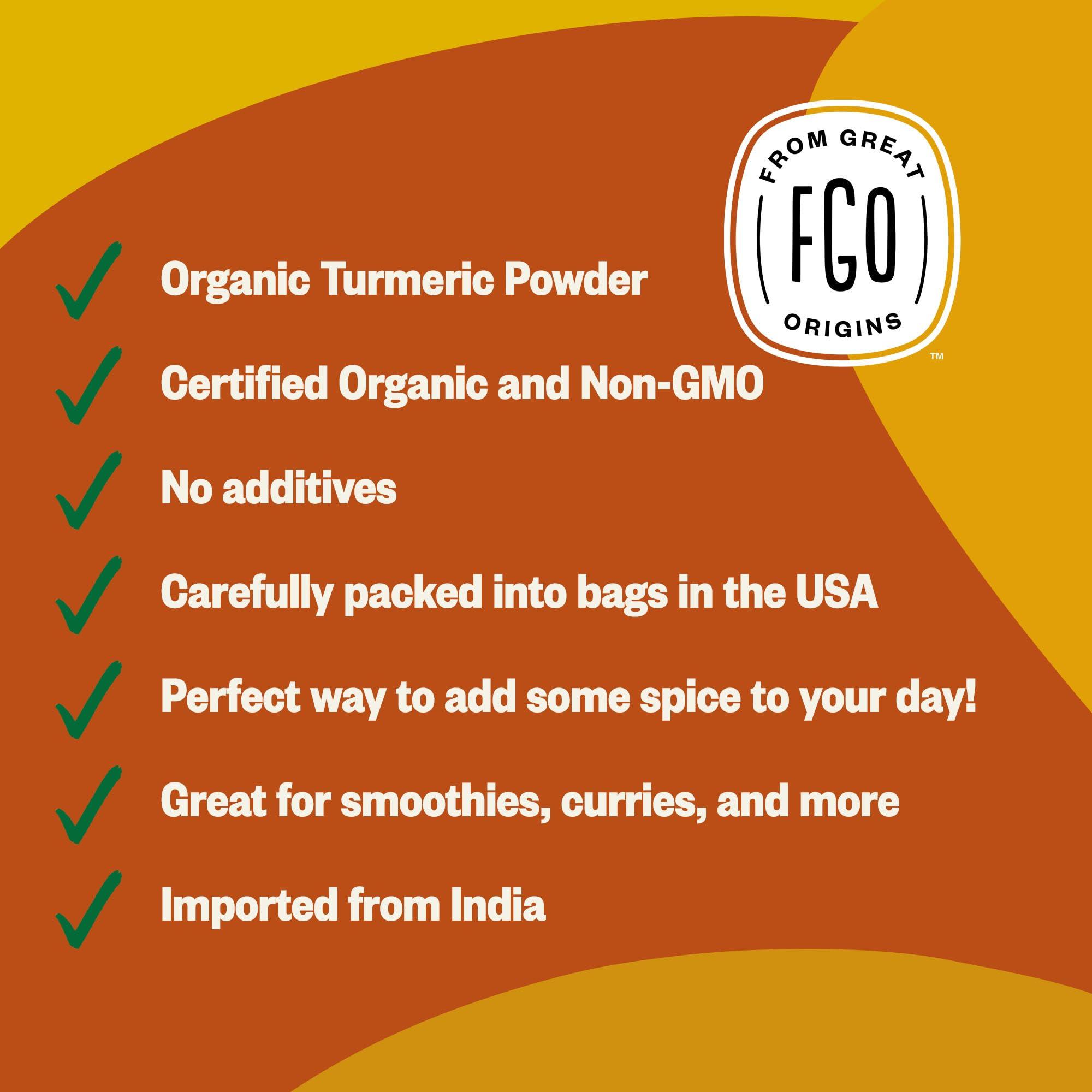 FGO Organic Turmeric Powder w/Curcumin, 1 Pound / 16oz Bulk Resealable Pouch, USDA Organic and Non-GMO, Sourced from India, Packaging May Vary (Pack of 1) - Image 3