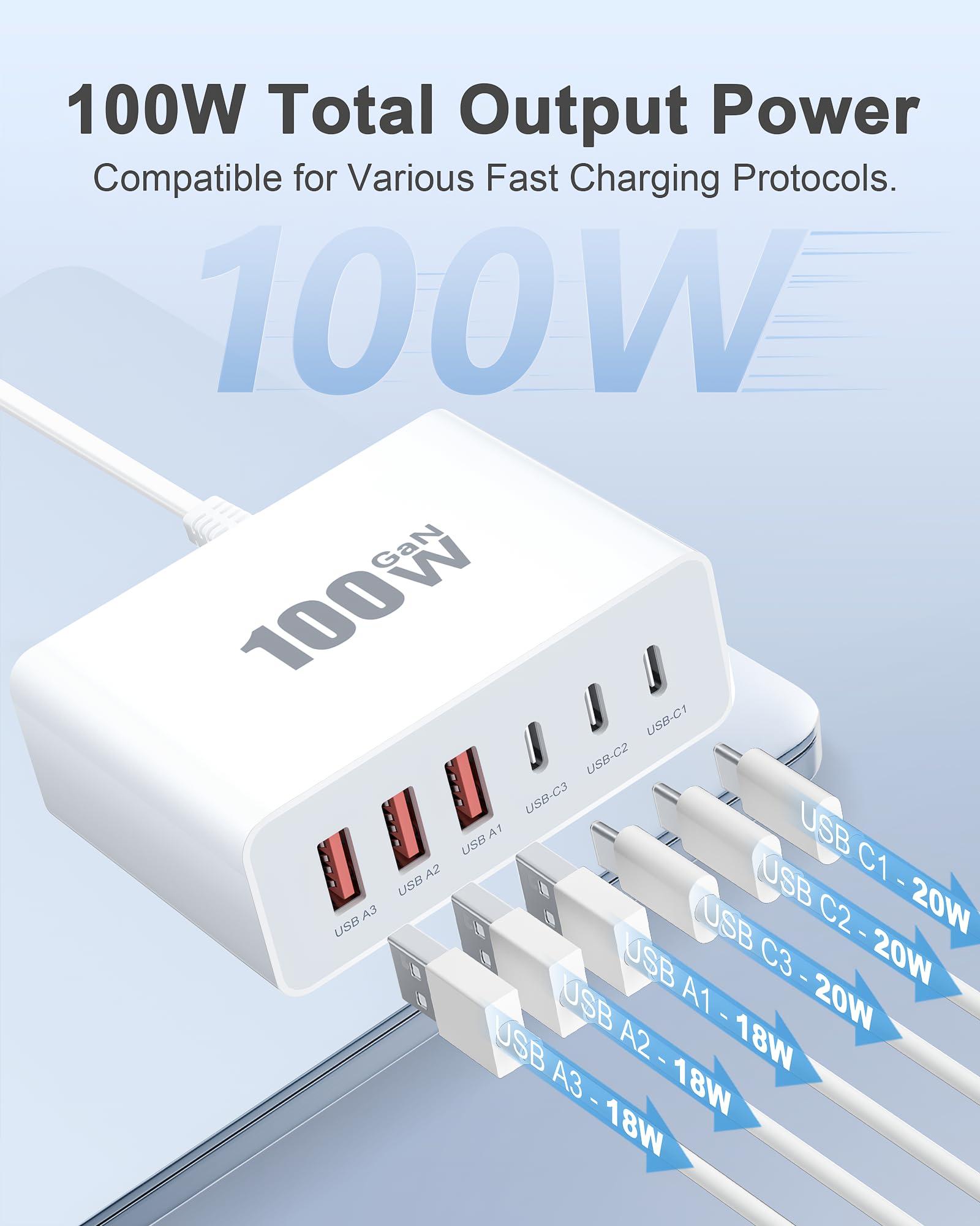 USB C Charger Block, 100W GaN Fast Charging Blocks USBC Charger 6 Port Charging Station Hub Brick Cube, USB-C Wall Charger Type C Adapter Plug for iPhone 16 15 14 13 12 11 Pro Max, Samsung, 5FT Cord - Image 2