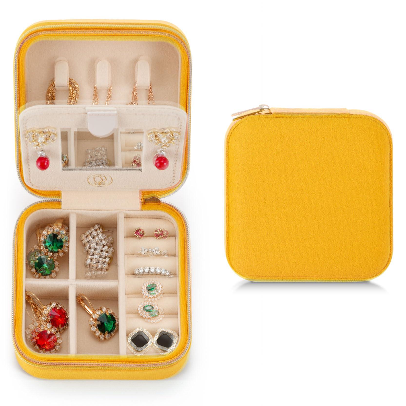 ZPROW Plush Velvet Travel Jewelry Case, Organizer, Box, Small Case for Women, Earring Organizer with Mirror, Best Gifts For Daughter, Girlfriend, Mom | Gifts For Her - Yellow