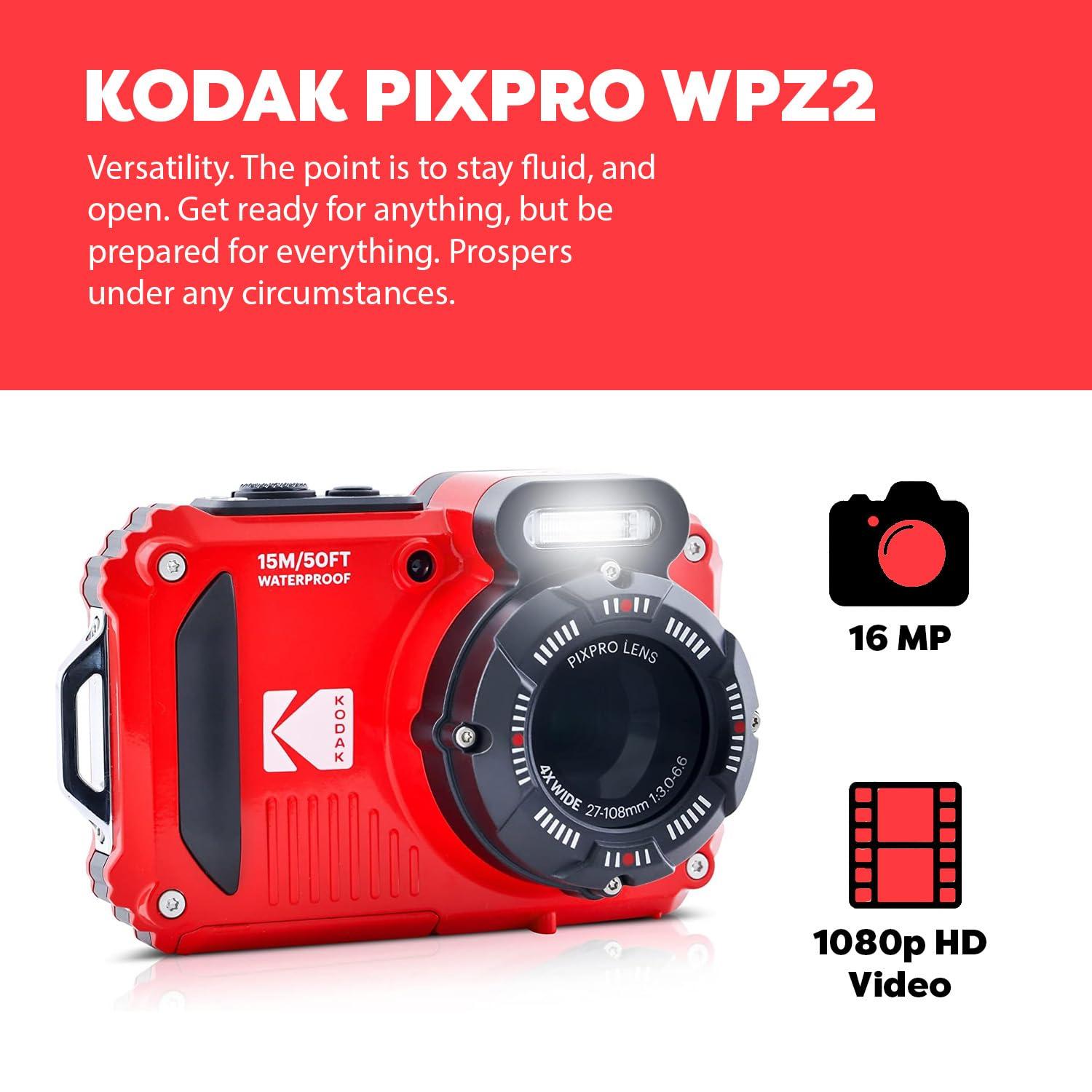 KODAK PIXPRO WPZ2 Rugged Waterproof Digital Camera, Red Bundles with Case, Monopod, Card Reader and More (9 Items) - Image 3