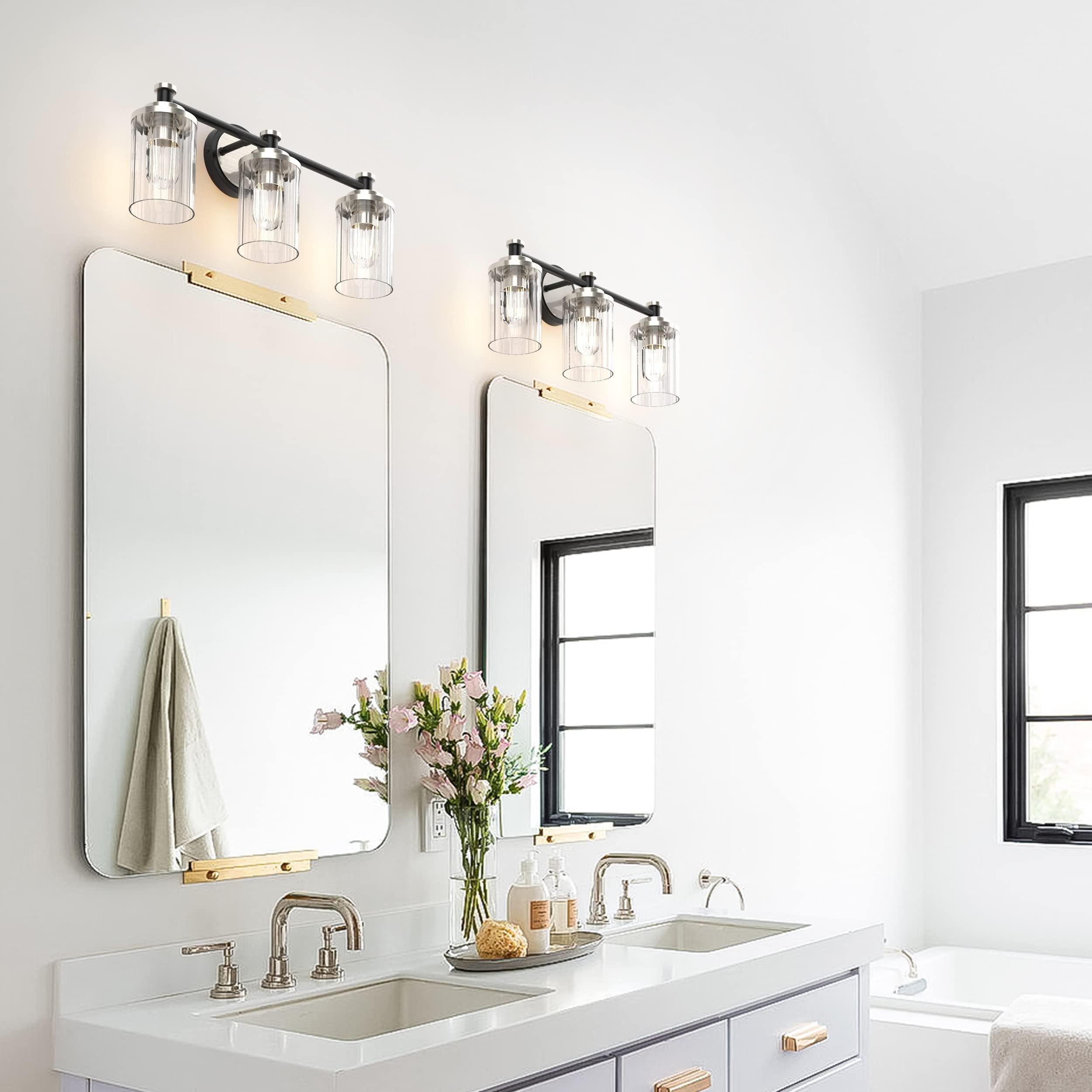 PHIXART Bathroom Lighting Fixtures Black and Brushed Nickel Bathroom Vanity Light with Cylindrical Clear Stripes Glass Lampshade E26 Socket Base Bathroom Lighting Fixtures Over Mirror (3 Lights) - Image 5