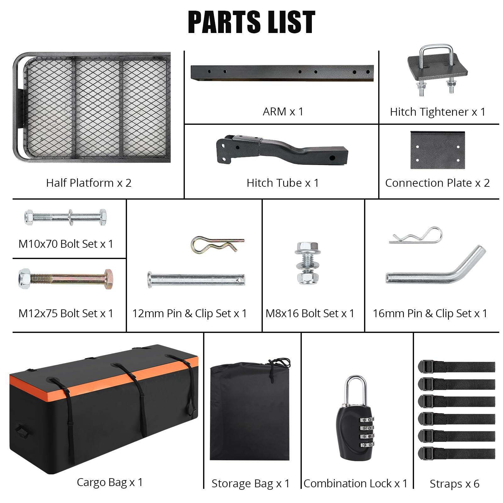 GarveeTech Hitch Mount Cargo Carrier Basket 60" x 20" x 5.9" with Waterproof Cargo Bag 15 Cubic Feet, 200 lbs Capacity, Foldable Design, Hitch Stabilizer, Net, Straps, Steel Construction - Image 2