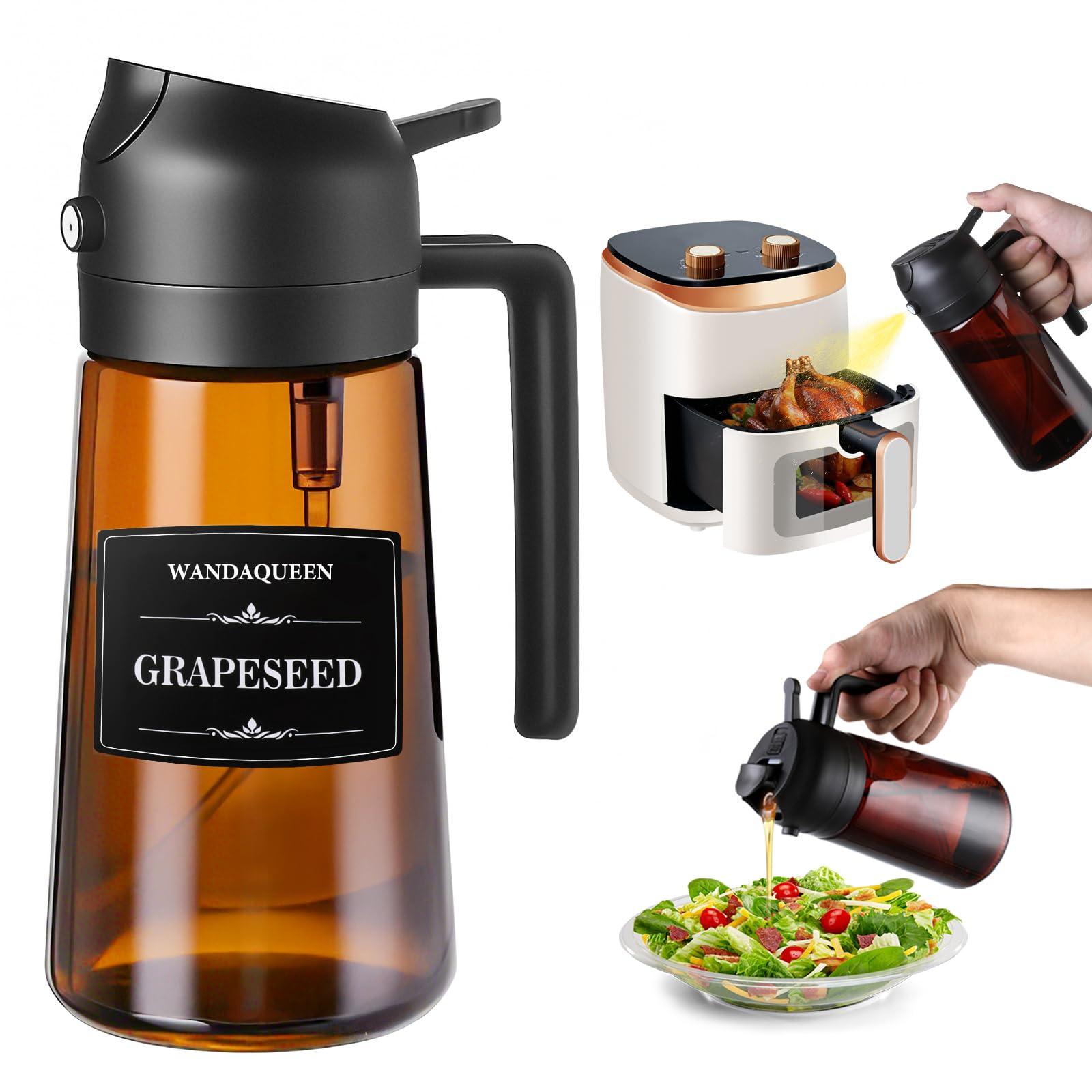 WandaQueen 2 in 1 Oil Sprayer for Cooking, 16oz Olive Oil Dispenser Bottle for Kitchen Gadgets with 8 Stickers, Glass Bottle for Air Fryer