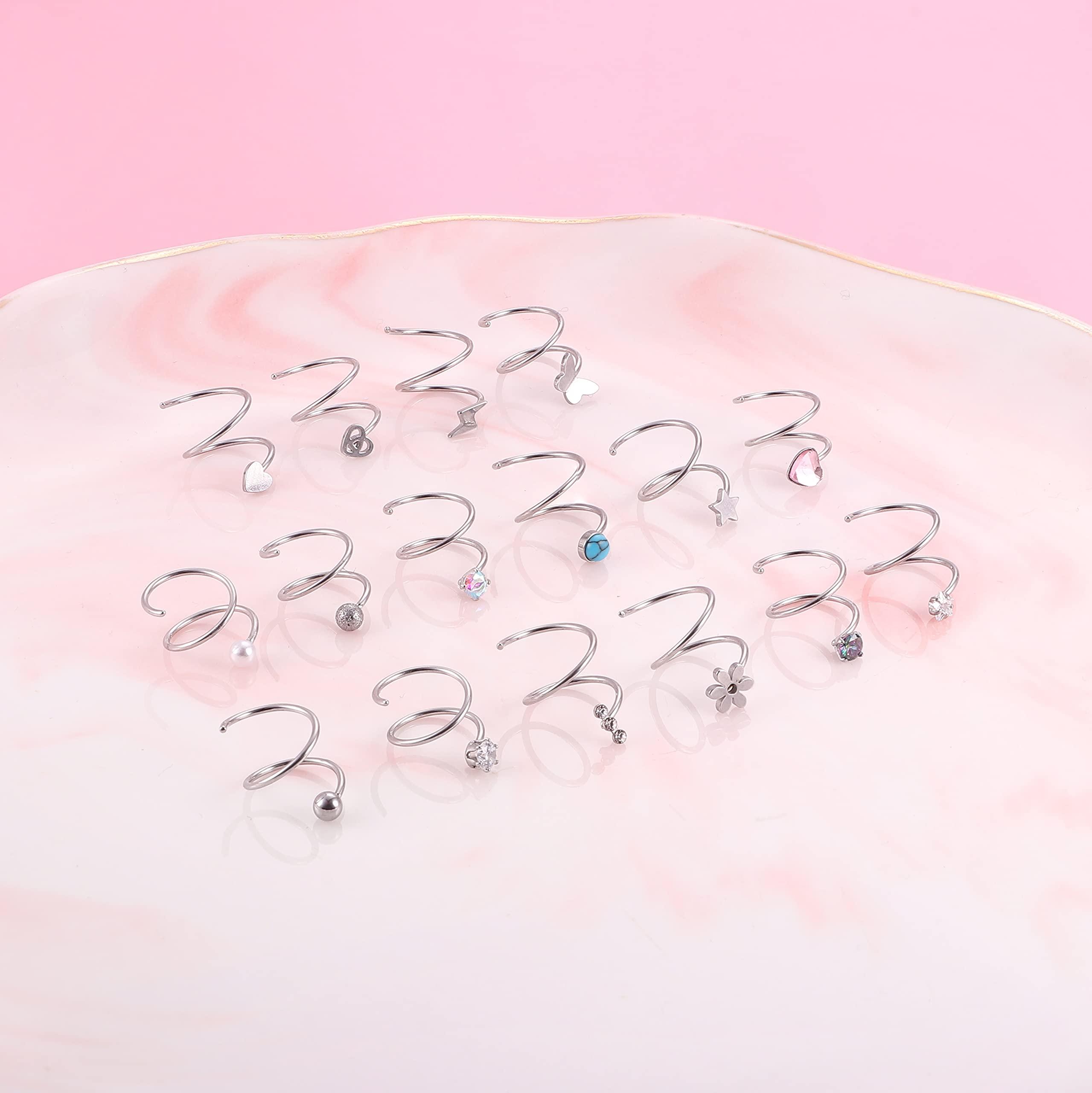 FASACCO 16Pcs Double Nose Ring Hoop for Single Piercing 20 Gauge Stainless Steel Nose Hoop Spiral Star Pearl CZ Butterfly Twist Nose Ring Hoops Double Hoop Earrings for Women - Image 6