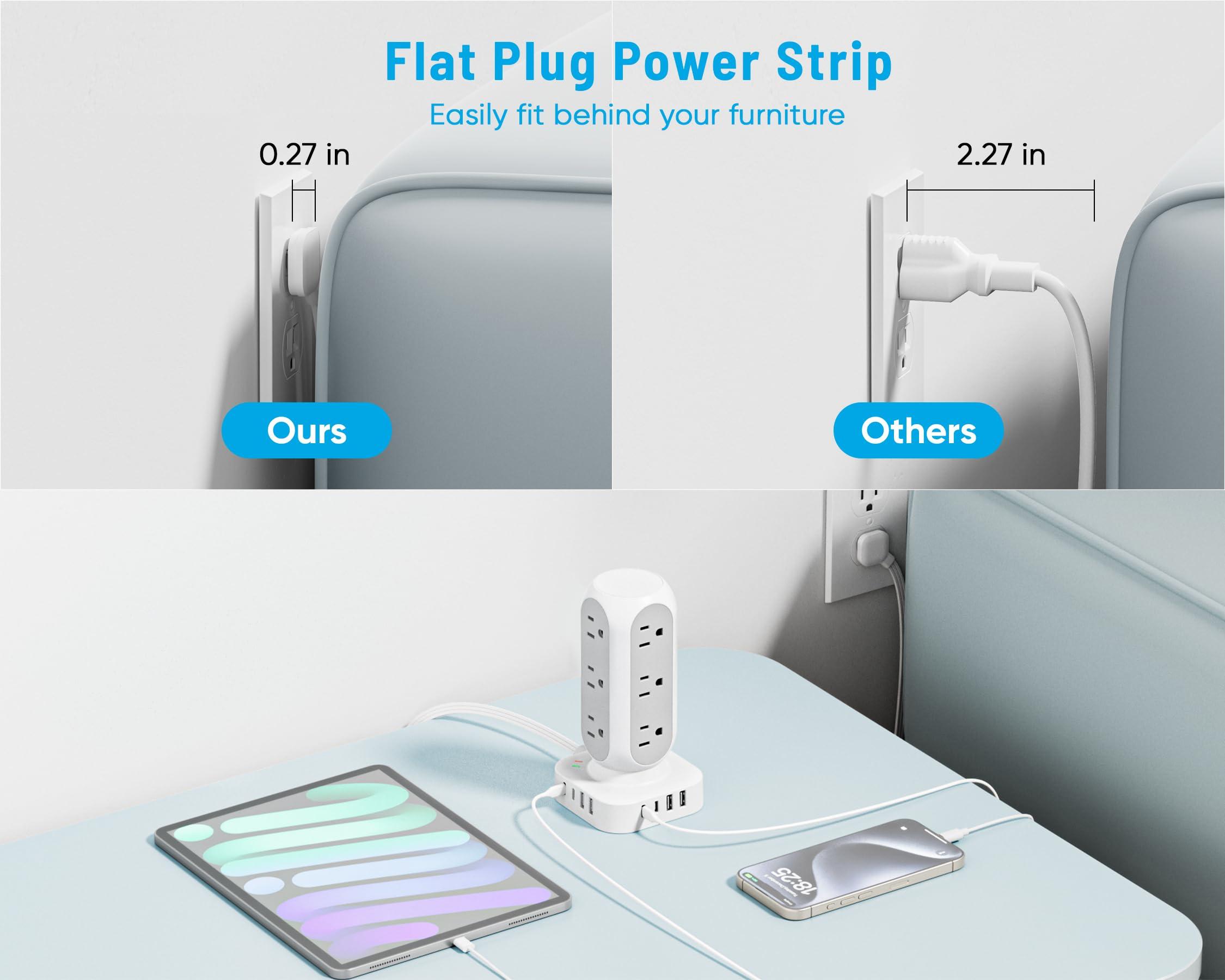 TenTrend 65W Fast Charging Station, Flat Plug Power Strip Tower with 12 AC Outlets & 8 USB Ports (2 PD USB-C Ports), 10FT Extension Cord, Compatible for MacBook Pro, iPhone Series. - Image 4