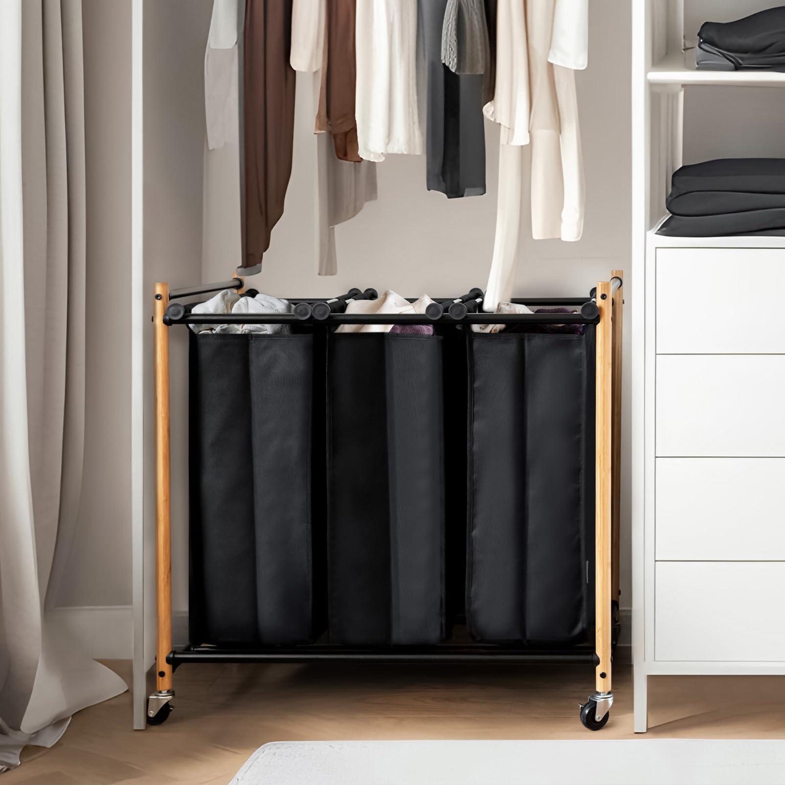 STORAGE MANIAC 3 Section Laundry Sorter, 35.9 Gal (136 L) Laundry Hamper Cart with Heavy Duty Rolling Lockable Wheels and Removable Bags, Clothes Organizer Basket Clothes Separator Hamper, Bamboo - Image 8