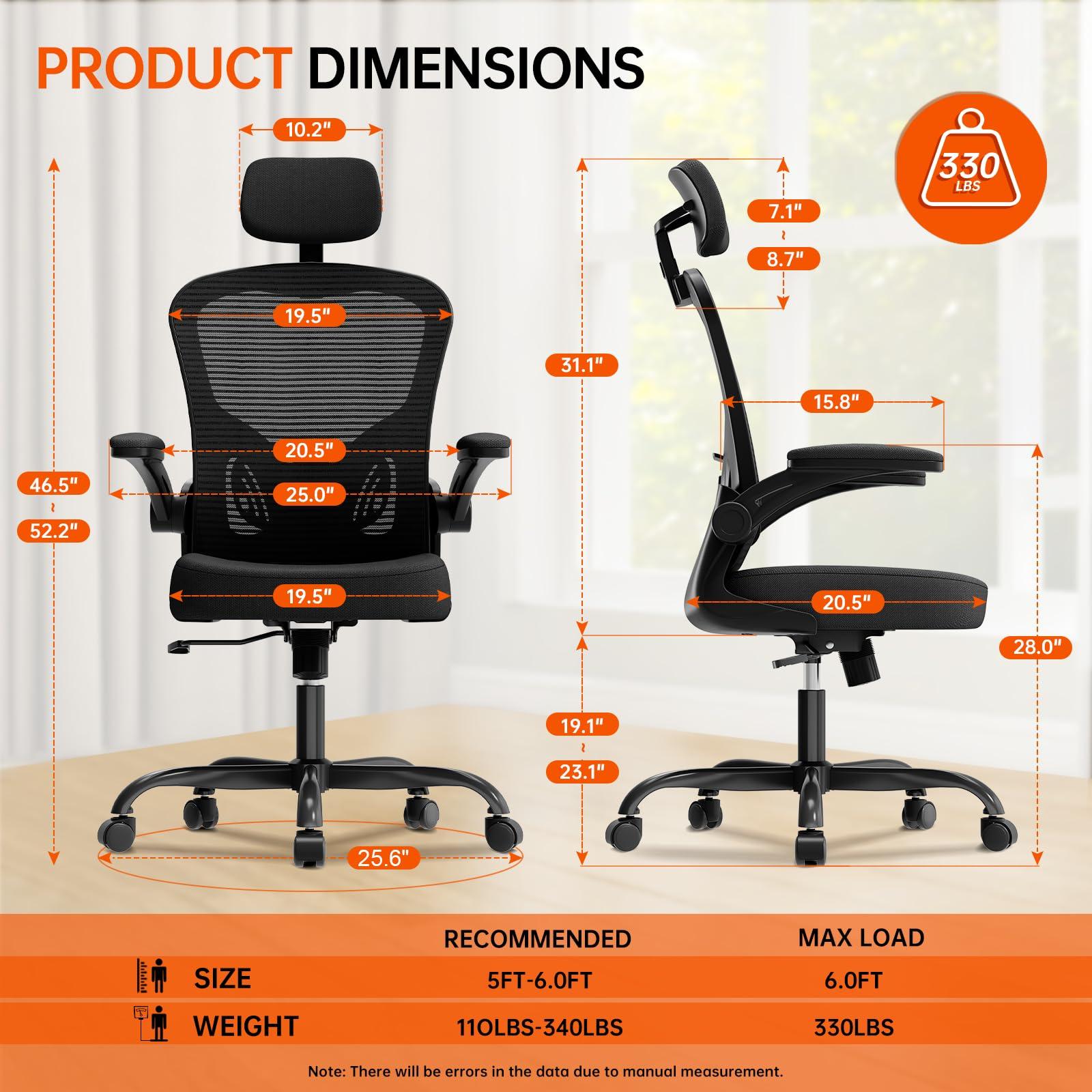 Office Chair Ergonomic Desk Chair, 330LBS Capacity, High Back Computer Chair for Long Hours Comfortable, Rolling Swivel Executive Task Chair for Home Office with Flip-up Armrests, Black - Image 2