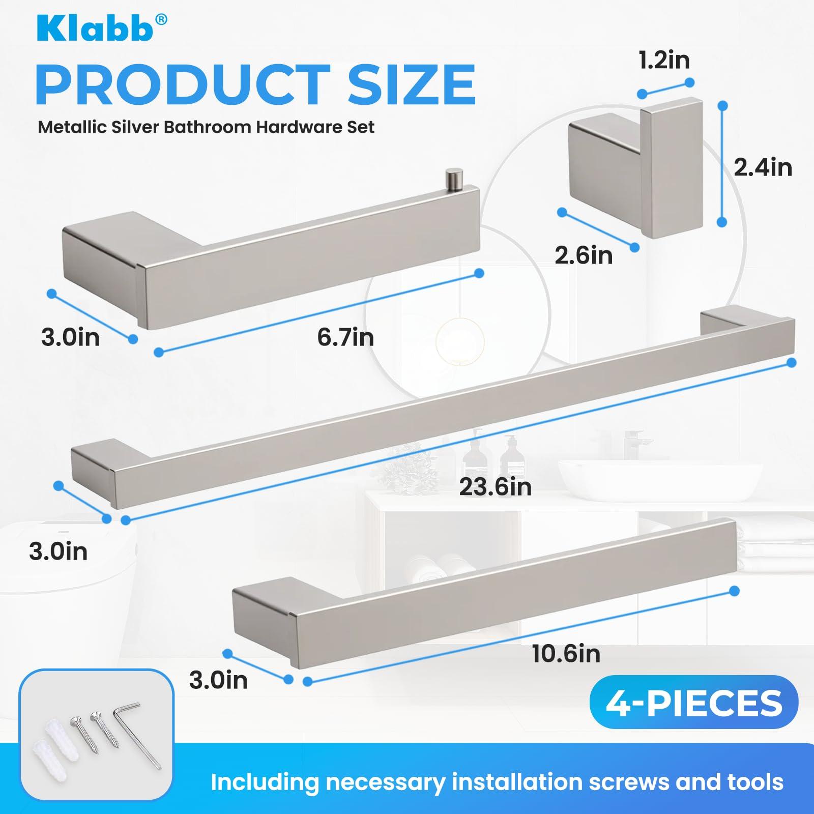Klabb 4 Piece Metallic Silver Bathroom Hardware Set, 24 Inch Towel Bar, SUS304 Stainless Steel Bath Towel Bar Set, Bathroom Wall Mounted Towel Rack. - Image 2