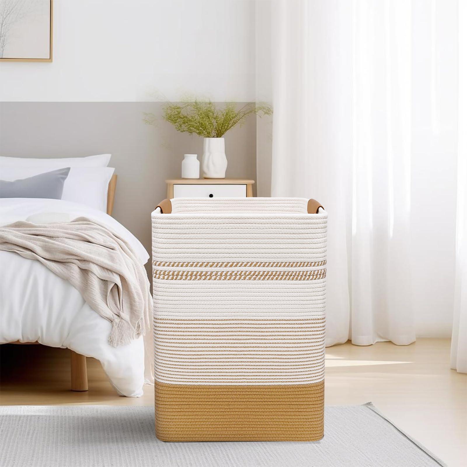 DOFASAYI Laundry Hamper - 85L Large Laundry Basket with Leather Handles, Decorative Storage Basket for Blankets - Clothes Hamper for Living Room, Bedroom, Jute & White - Image 5