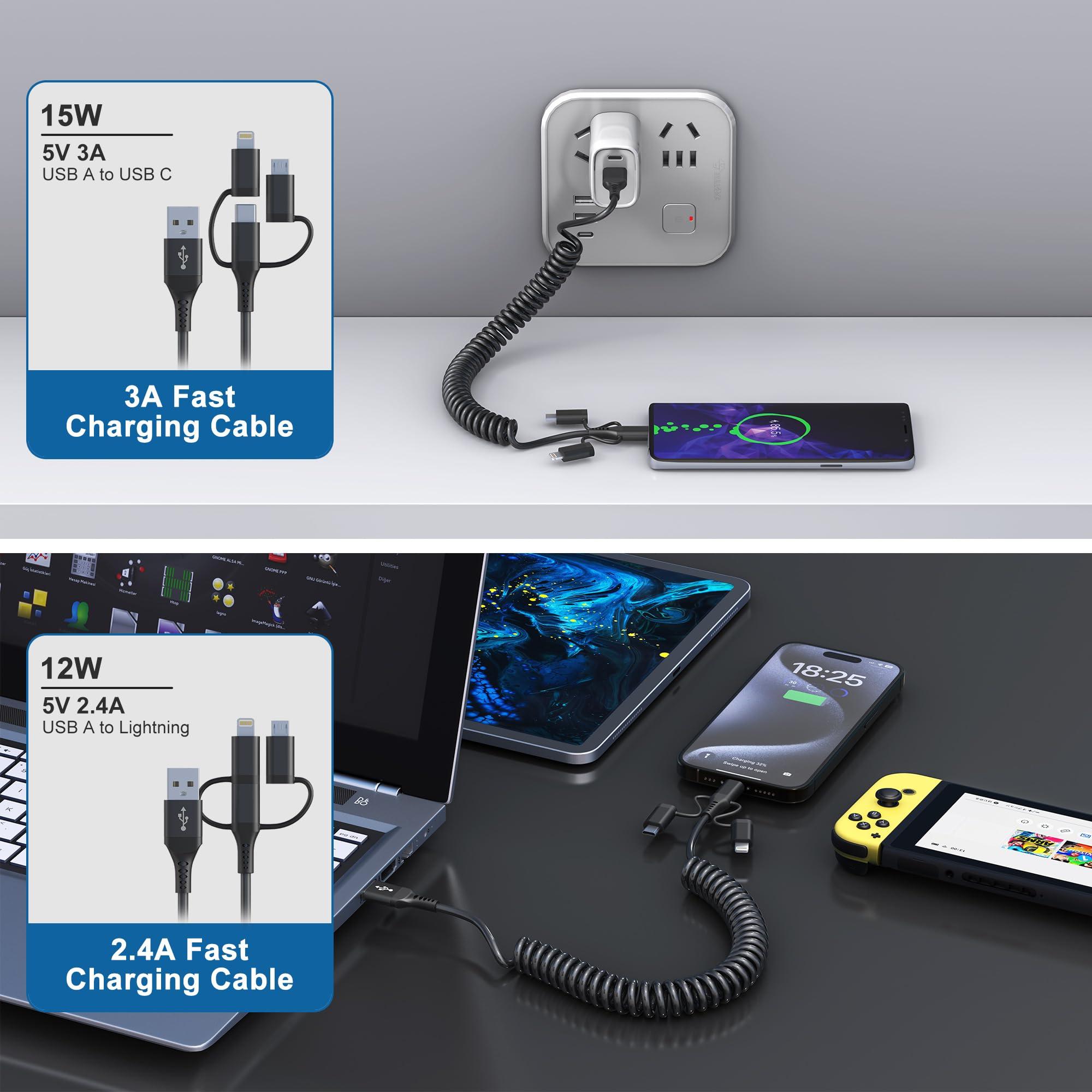 Coiled Multi Charging Cable 3-in-1,USB to Lightning/Type C/Micro USB Phone Car Charger Cord,Compatible Apple Carplay & Android Auto,MFi Certified & Data Sync for iPhone 16 15 14 13 Android Samsung - Image 4